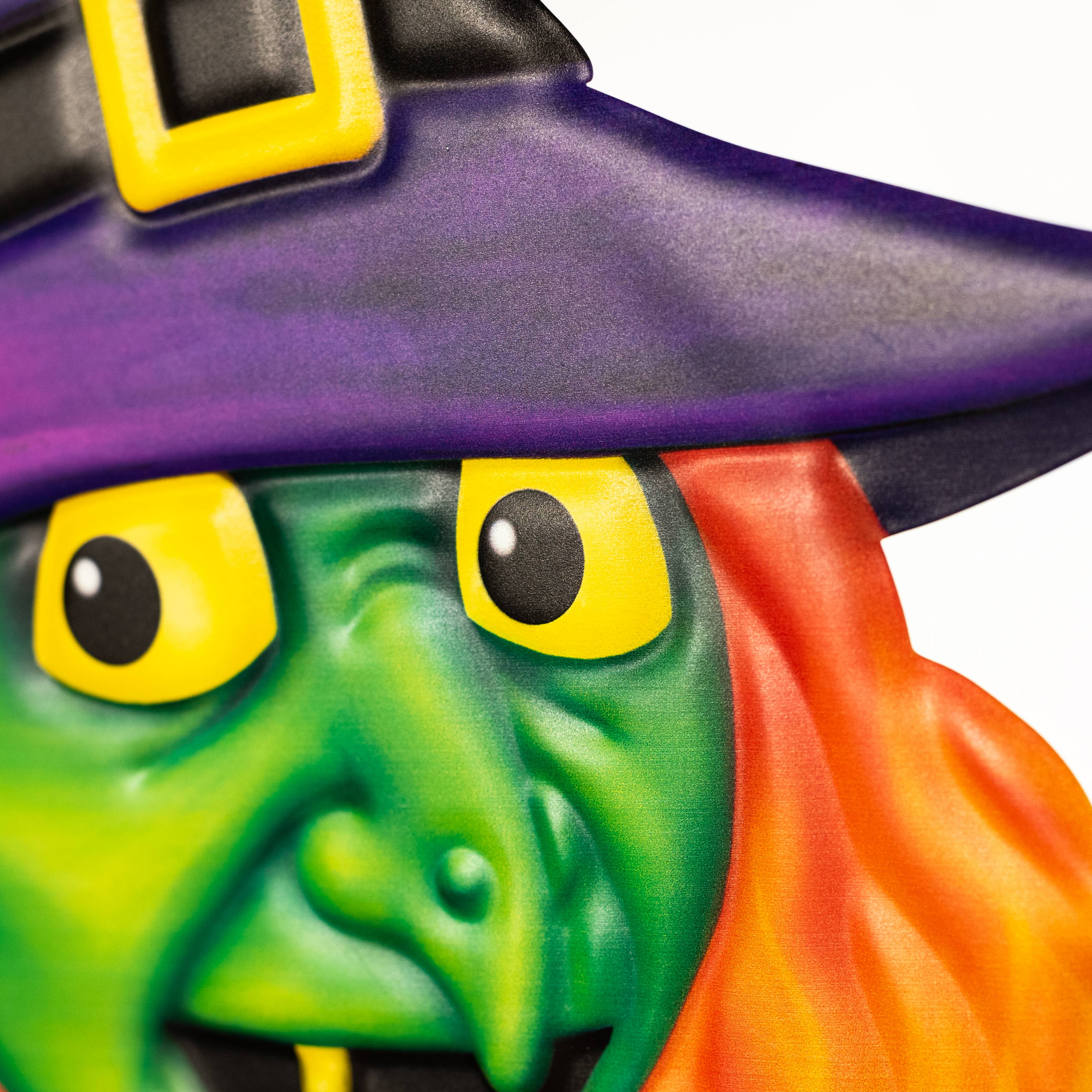 12" Embossed Metal Witch Head Decoration: Purple detail photo 3