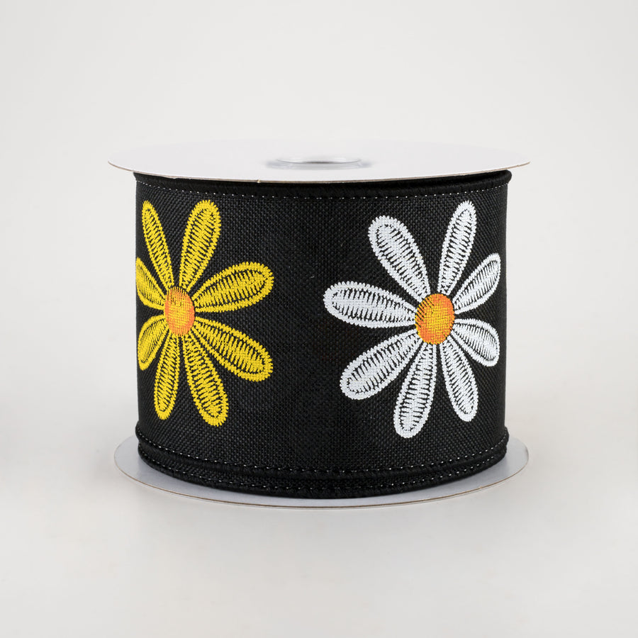 2.5" Embroidered Daisy Ribbon: Black (10 Yards)