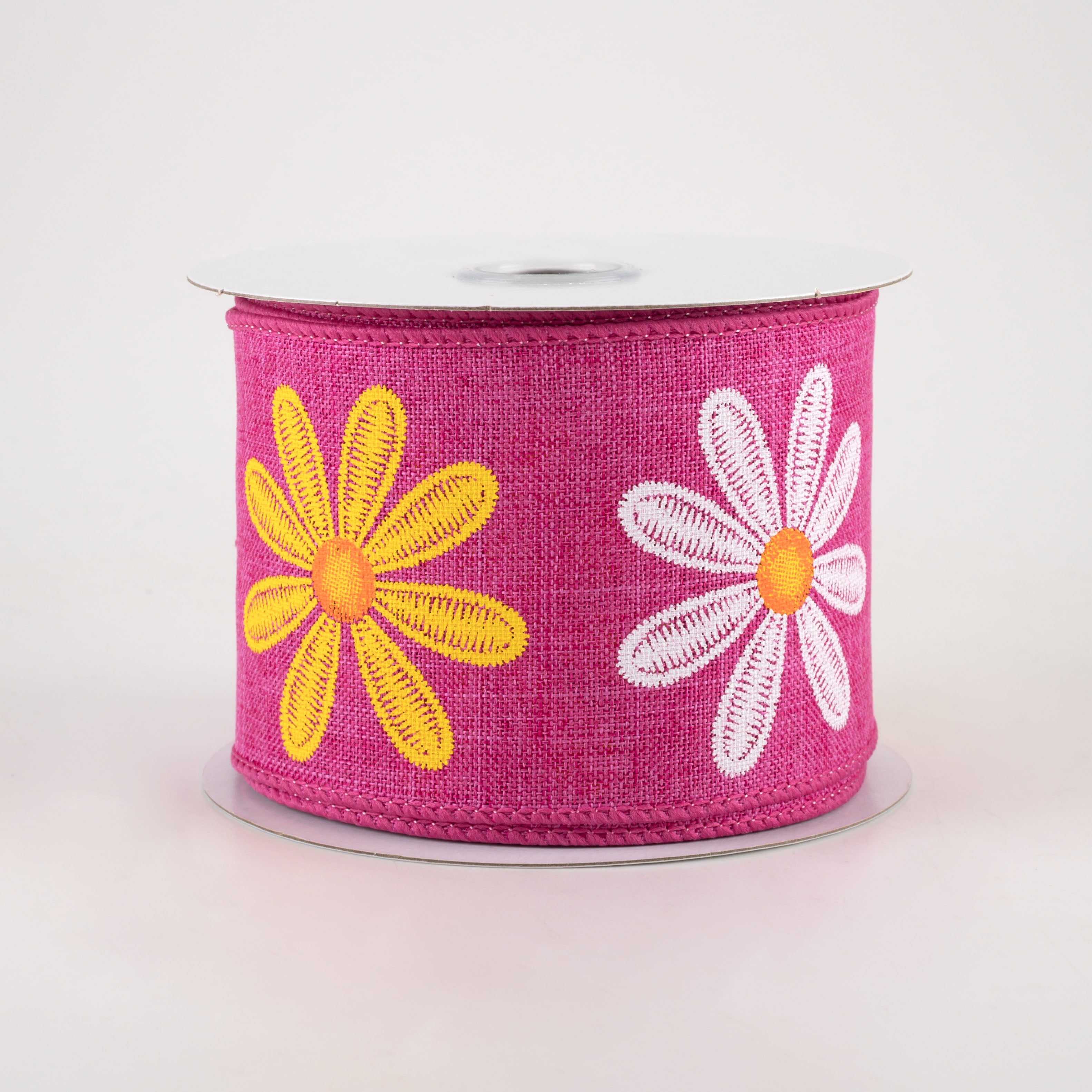 2.5" Embroidered Daisy Ribbon: Fuchsia (10 Yards)