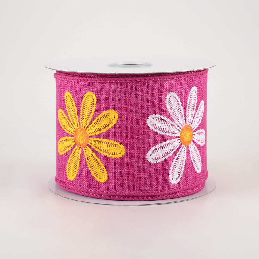 2.5" Embroidered Daisy Ribbon: Fuchsia (10 Yards)