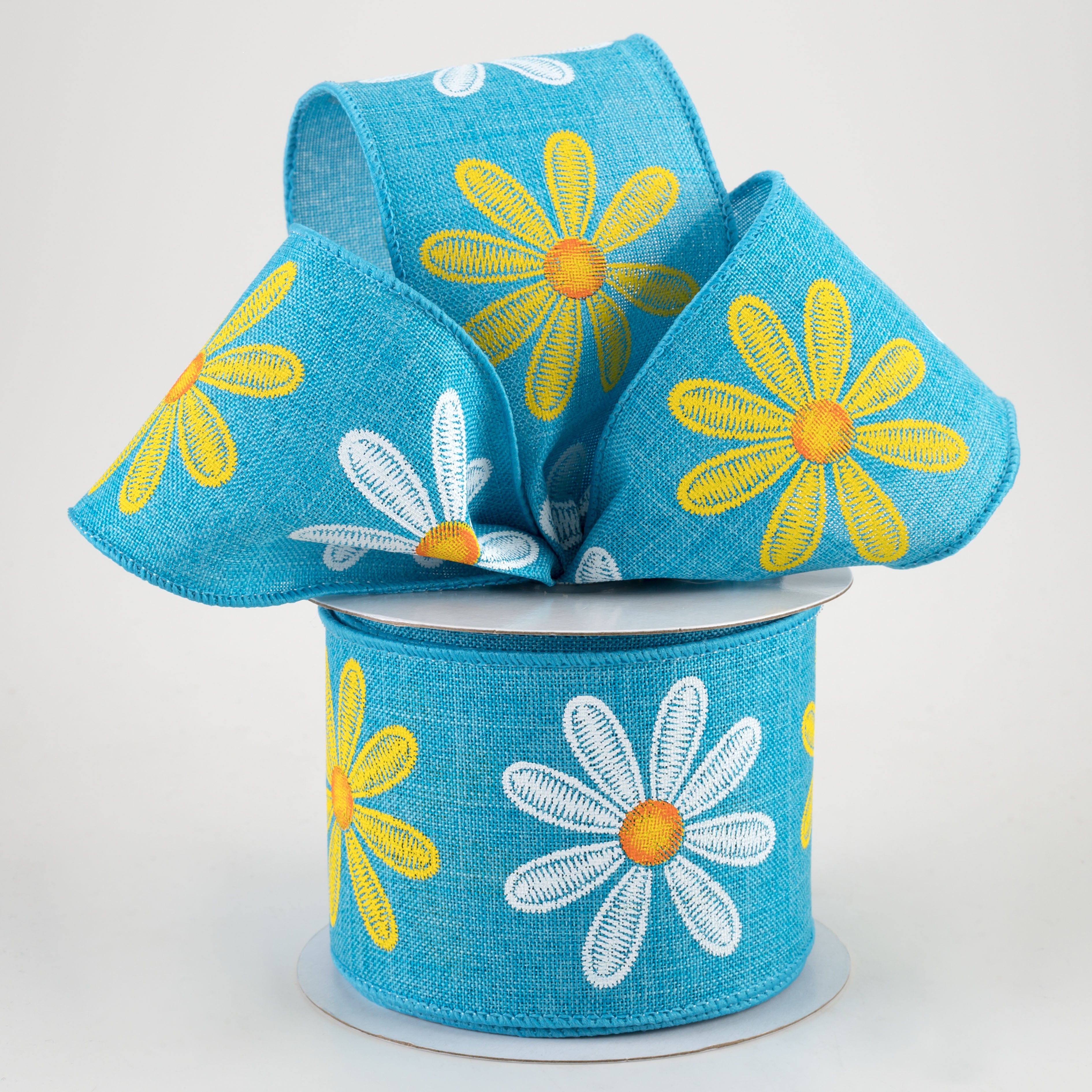 2.5" Embroidered Daisy Ribbon: Turquoise (10 Yards) Lifestyle Photo