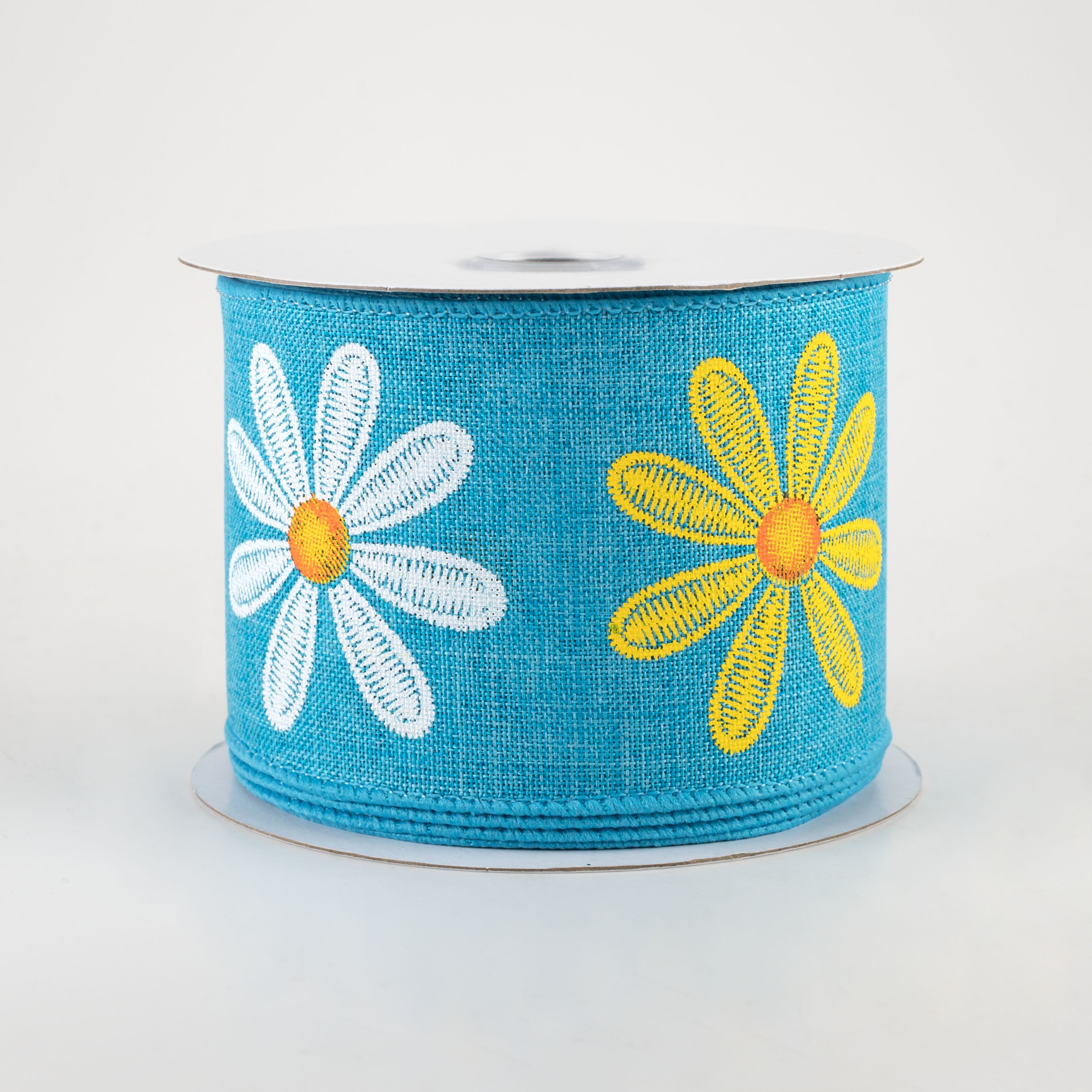 2.5" Embroidered Daisy Ribbon: Turquoise (10 Yards)