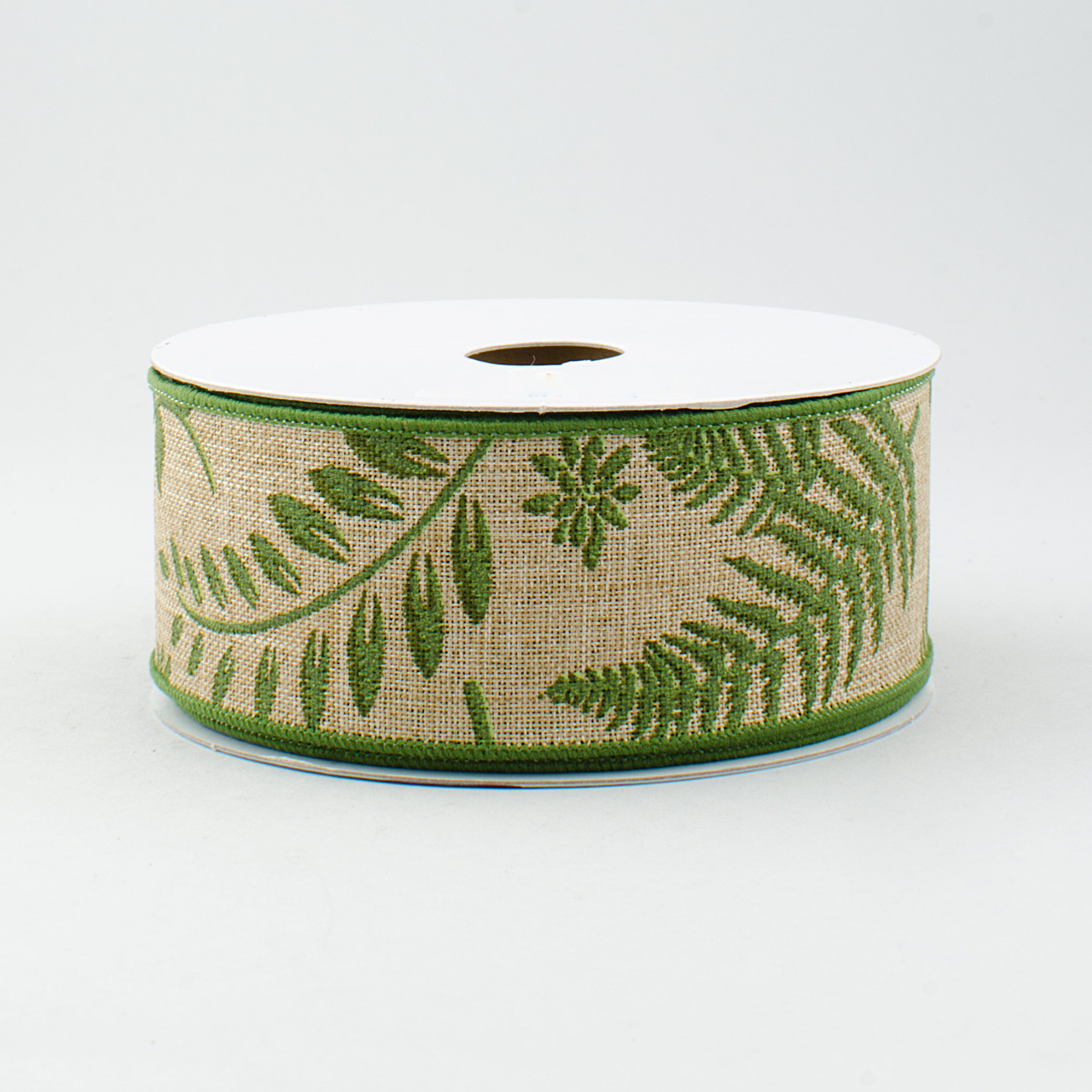 1.5" Embroidered Greenery Ribbon: Beige & Green (10 Yards)