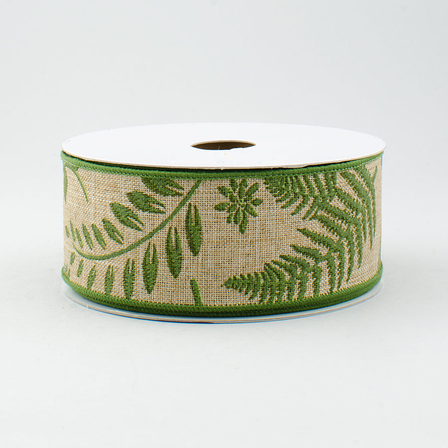 1.5" Embroidered Greenery Ribbon: Beige & Green (10 Yards)