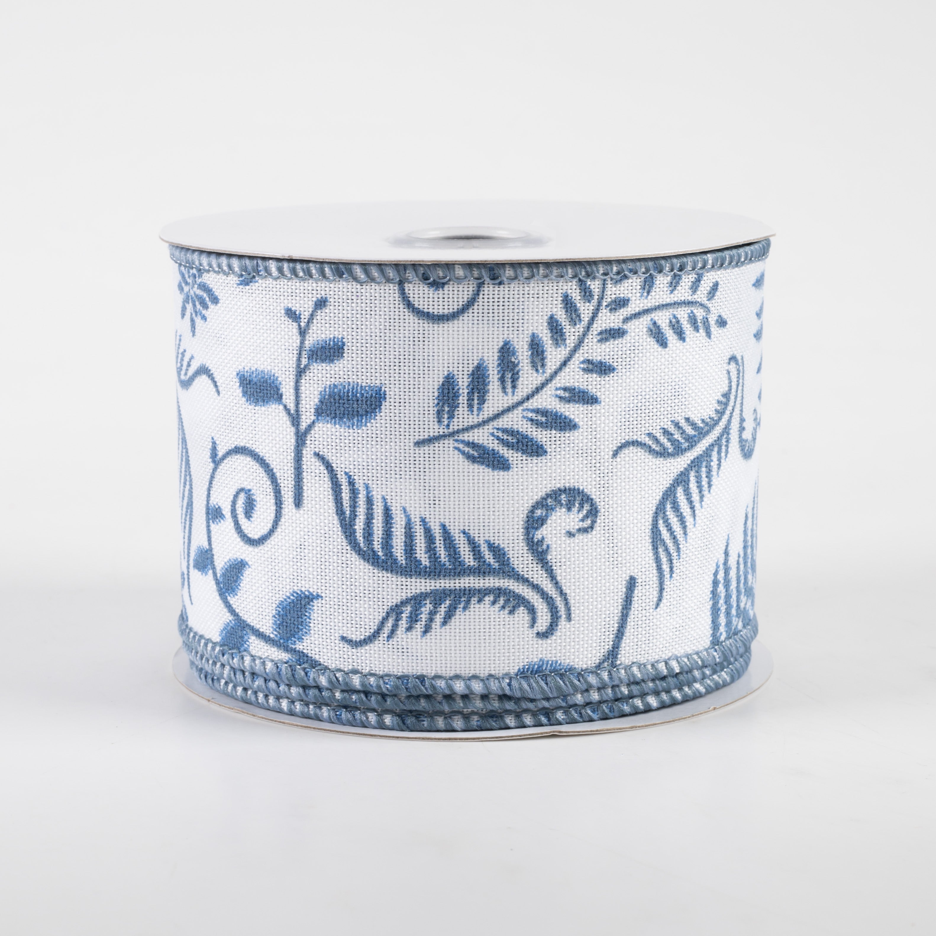 2.5" Embroidered Greenery Ribbon: White & Blue (10 Yards)