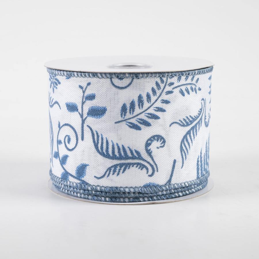 2.5" Embroidered Greenery Ribbon: White & Blue (10 Yards)