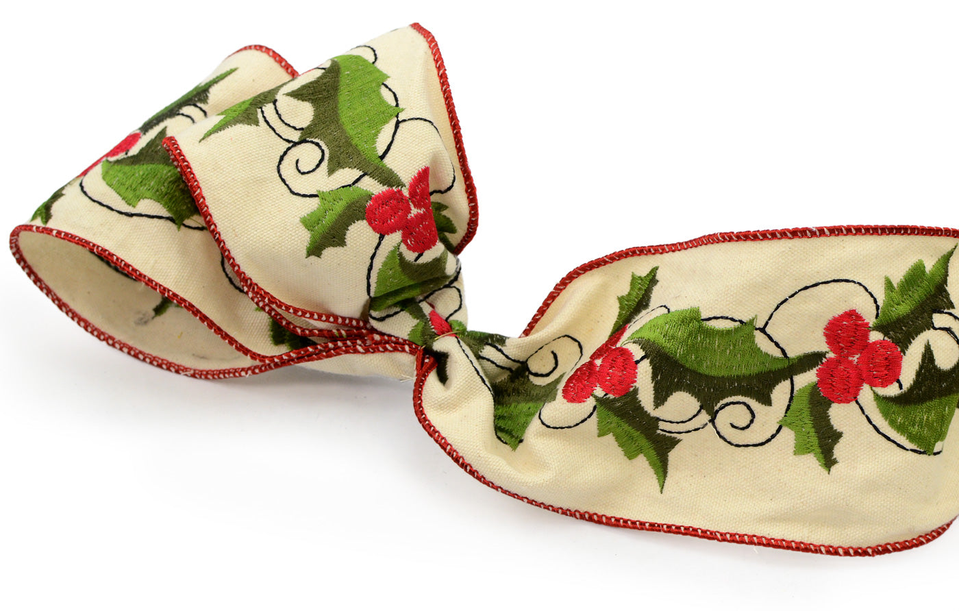 4" Embroidered Holly Canvas Ribbon (5 Yards) detail photo 3