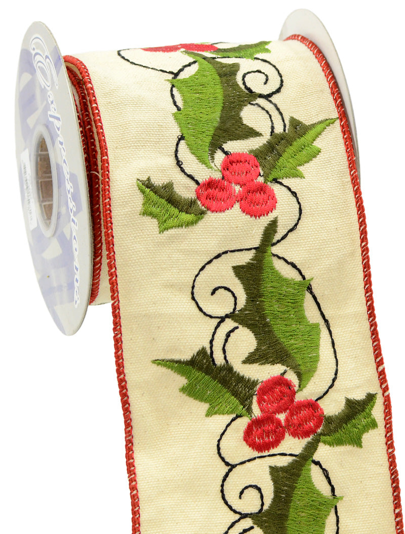 4" Embroidered Holly Canvas Ribbon (5 Yards) detail photo 4