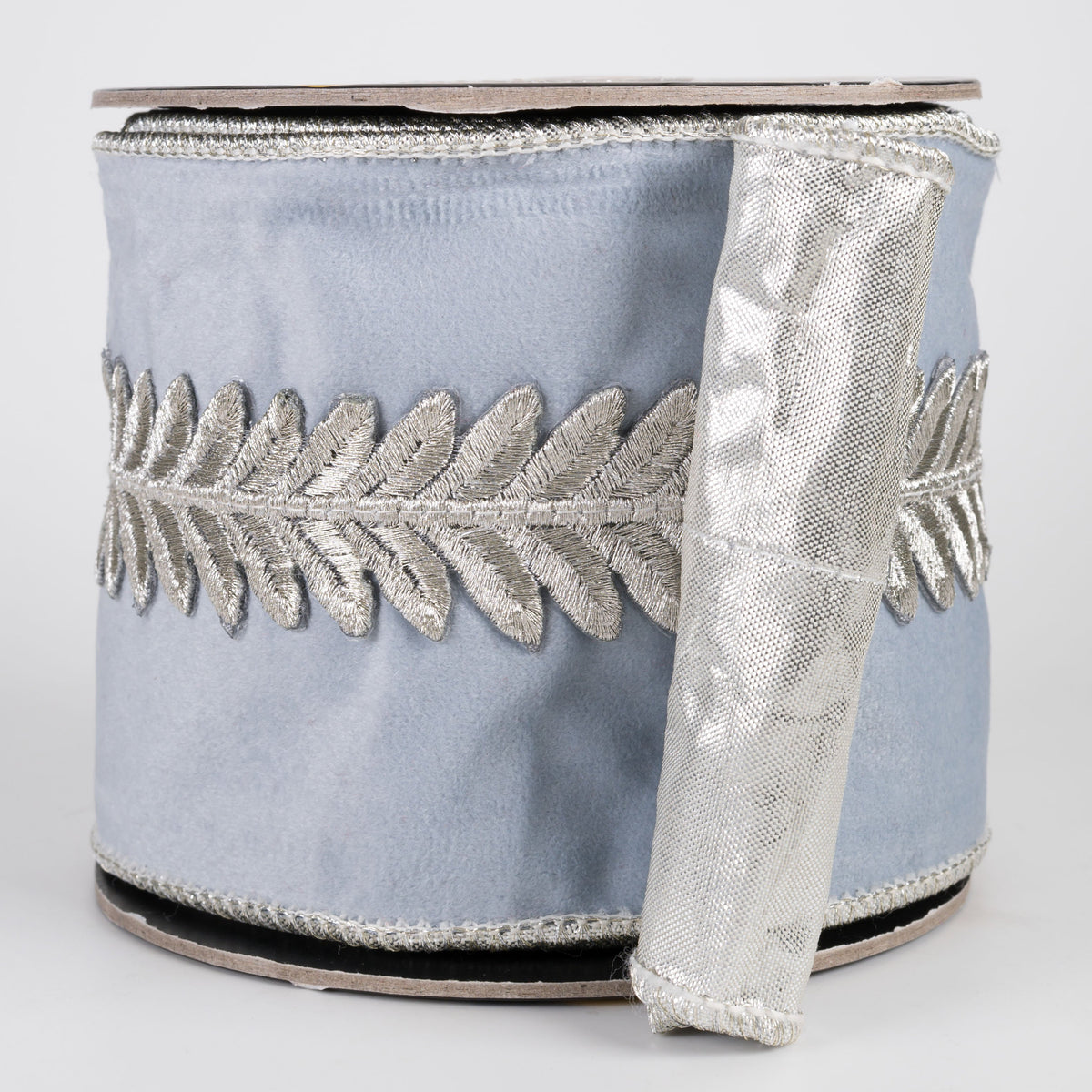 4" Embroidered Leaf Trim Divine Velvet & Metallic Dupioni Fused Ribbon: Wisteria Blue & Silver (5 Yards) Item Number: RR0042