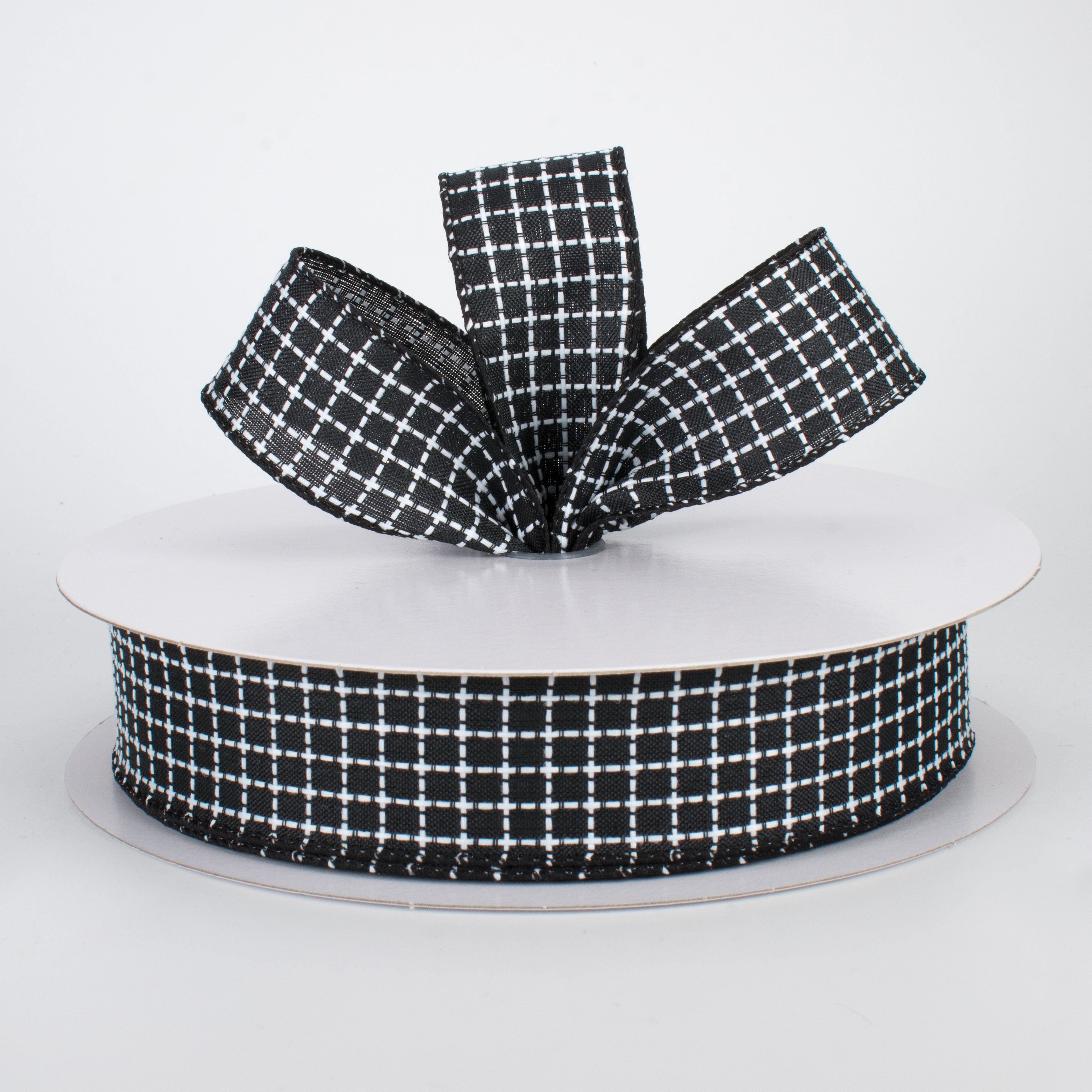 1.5" Embroidered Stitched Squares Ribbon: Black (50 Yards) Lifestyle Photo