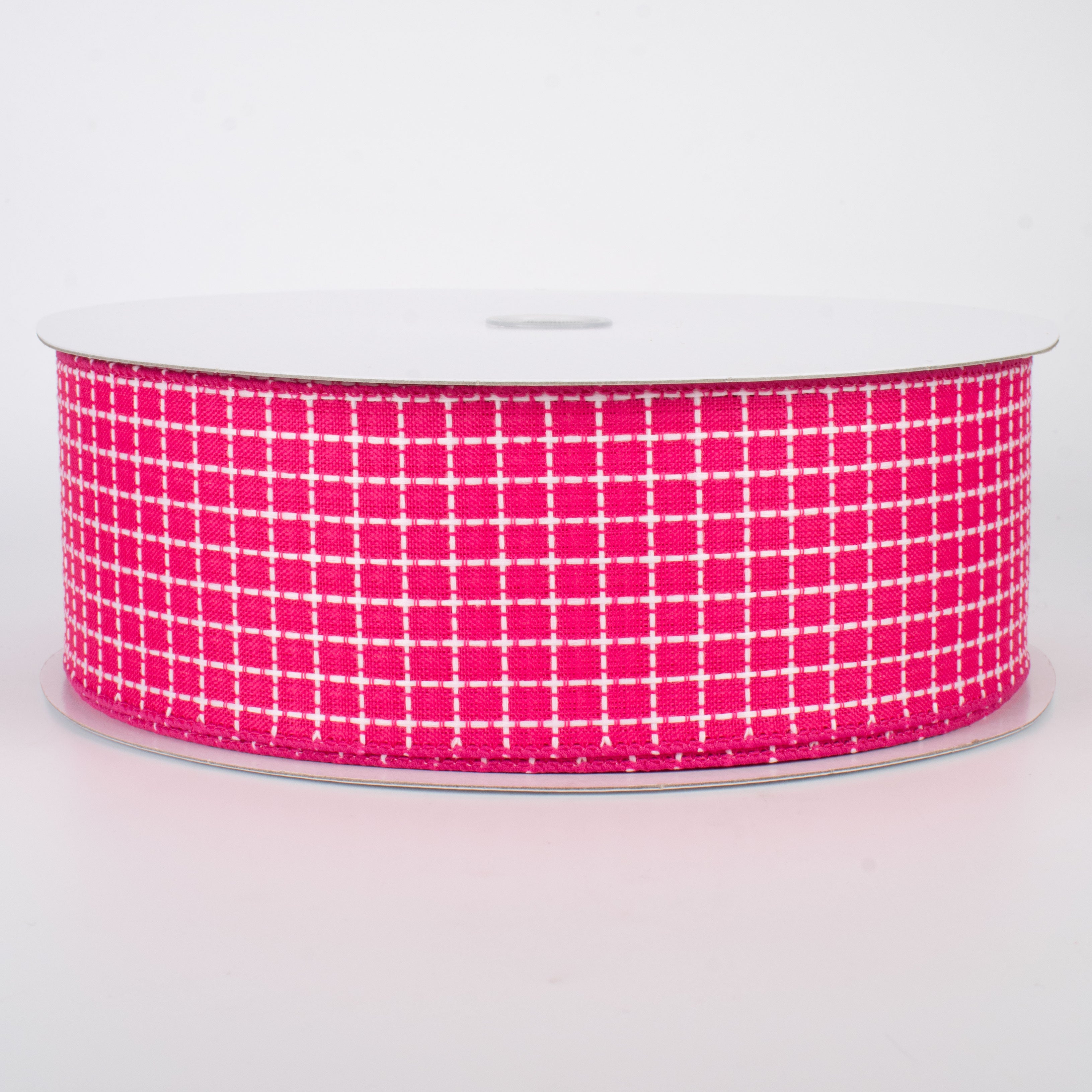 2.5" Embroidered Stitched Squares Ribbon: Fuchsia Pink (50 Yards)
