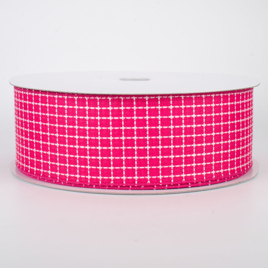 2.5" Embroidered Stitched Squares Ribbon: Fuchsia Pink (50 Yards)