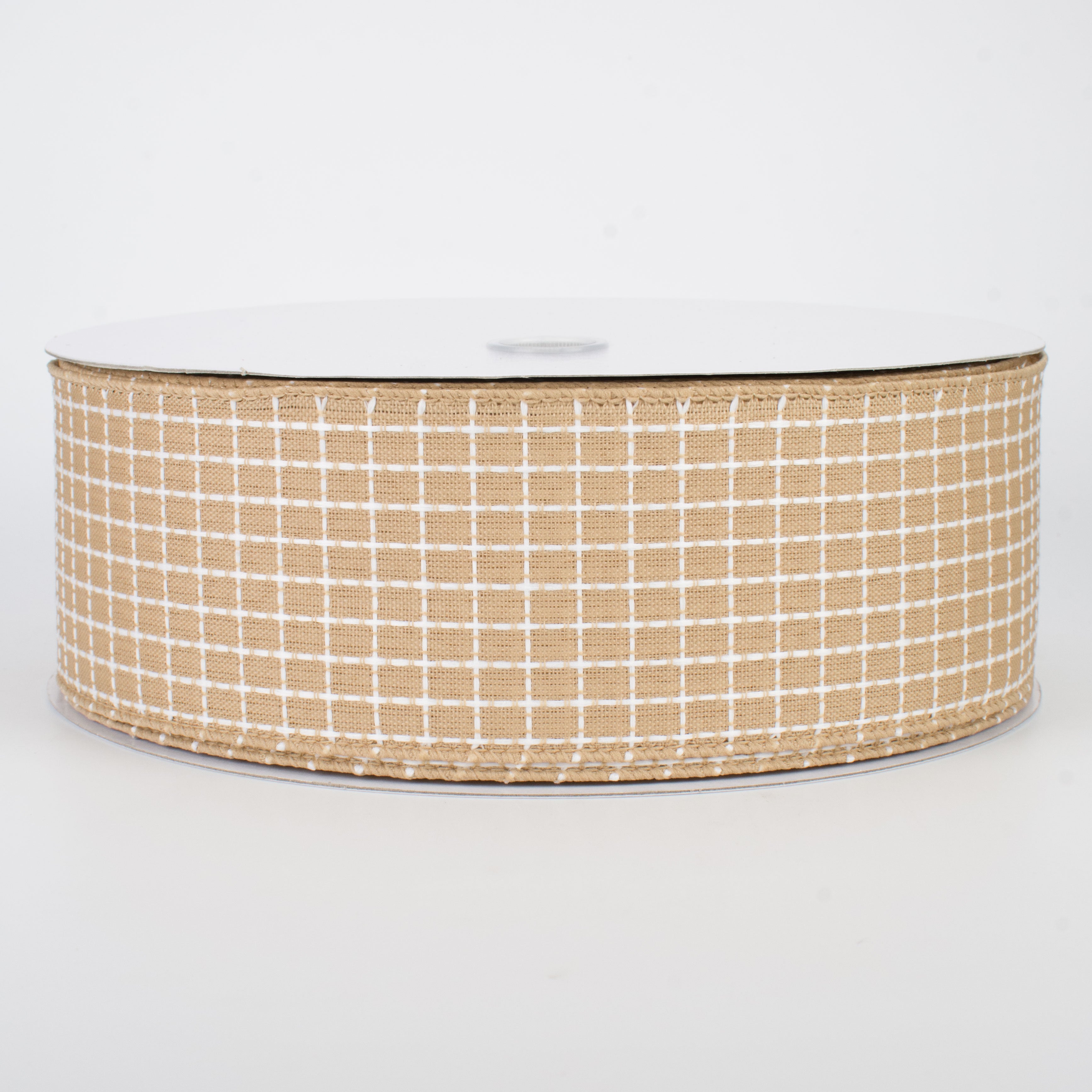 2.5" Embroidered Stitched Squares Ribbon: Natural (50 Yards)