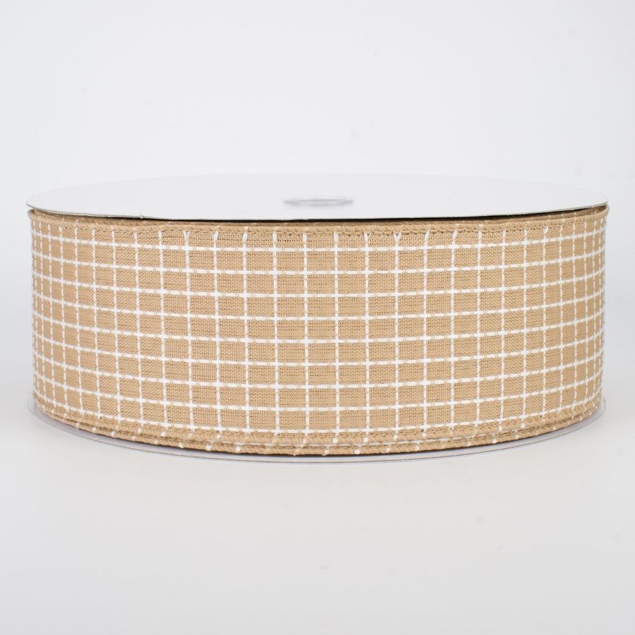2.5" Embroidered Stitched Squares Ribbon: Natural (50 Yards)