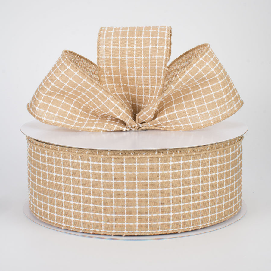 2.5" Embroidered Stitched Squares Ribbon: Natural (50 Yards) Lifestyle Photo