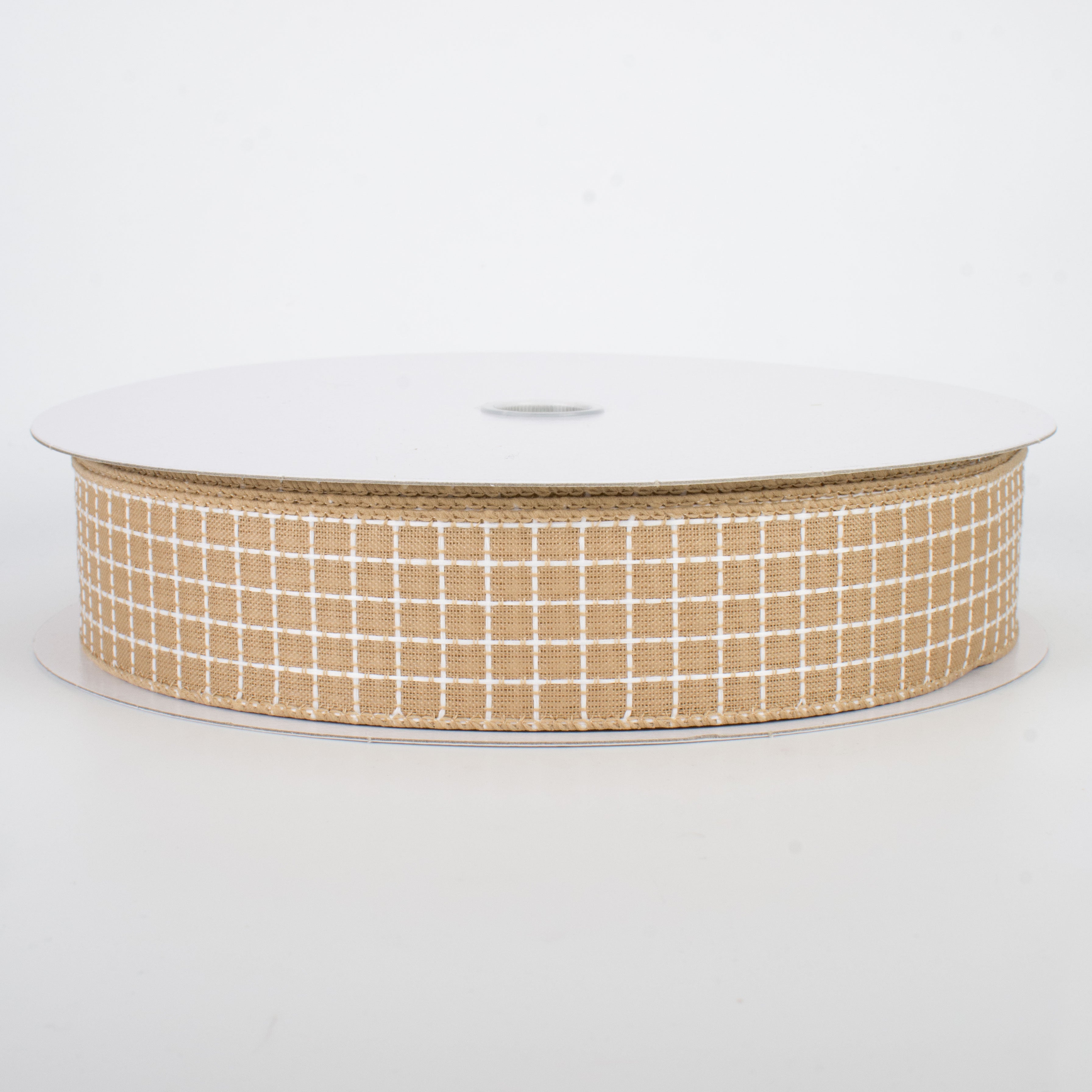 1.5" Embroidered Stitched Squares Ribbon: Natural (50 Yards)