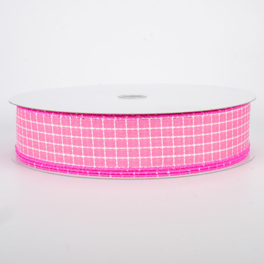 1.5" Embroidered Stitched Squares Ribbon: Pink (50 Yards)