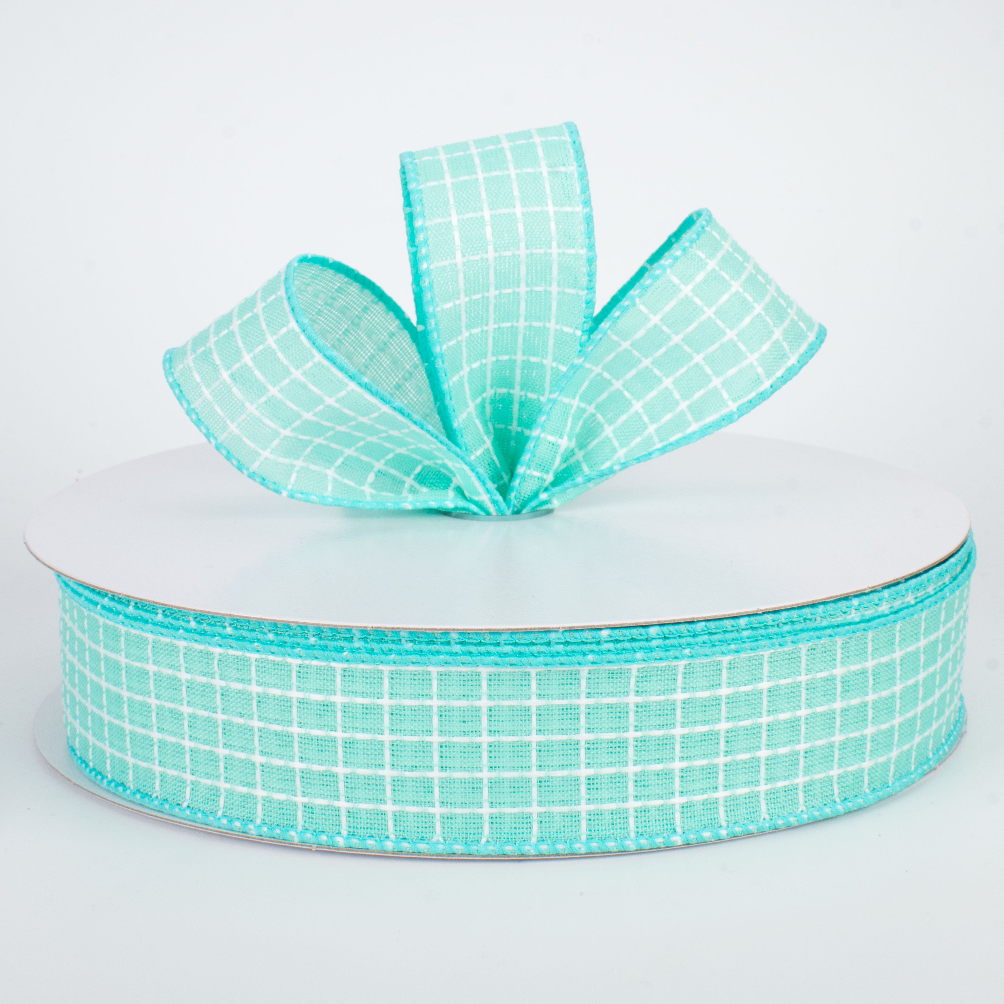 1.5" Embroidered Stitched Squares Ribbon: Turquoise (50 Yards) Lifestyle Photo