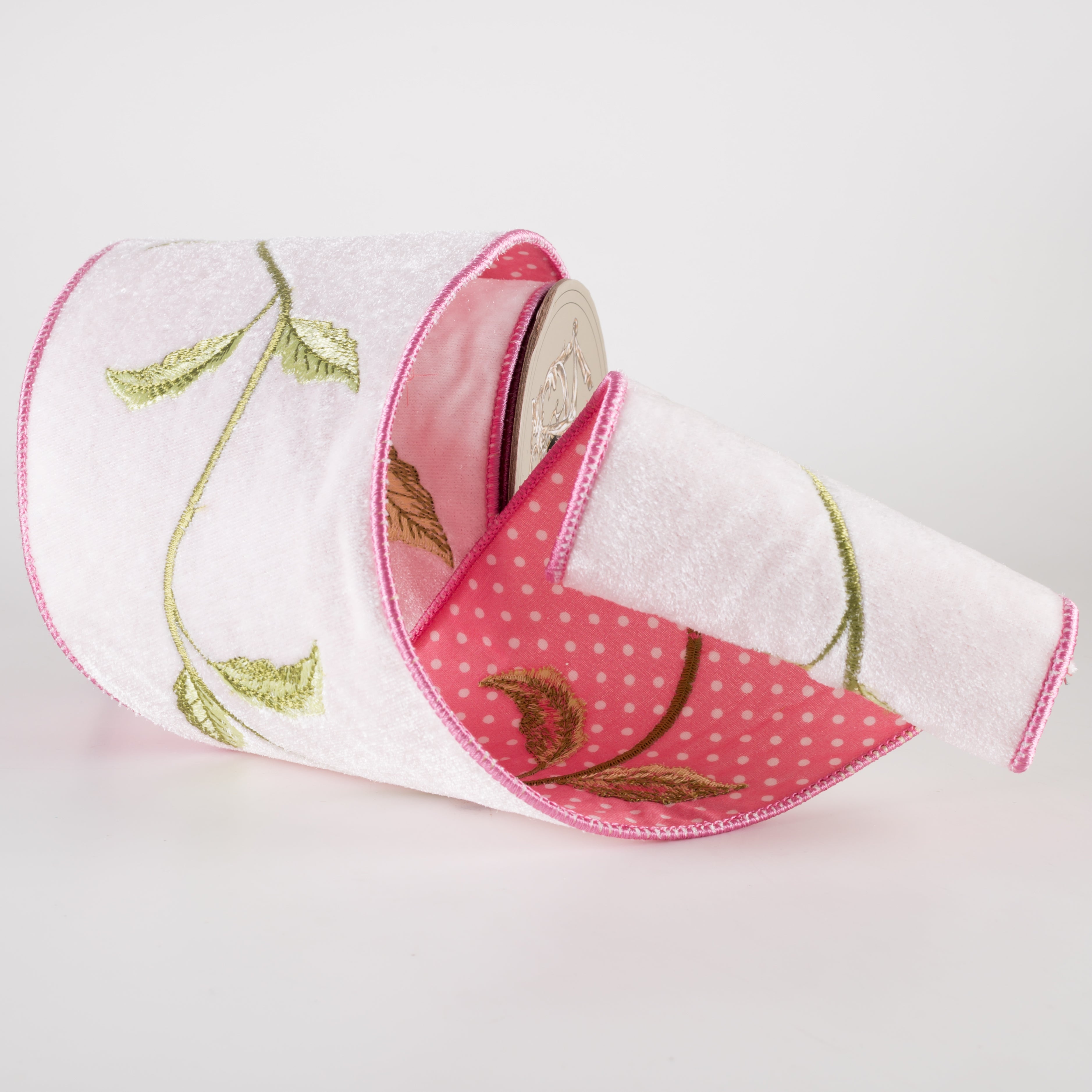[D Stevens] 4" Embroidered Velvet & Polka Dot Linen Spring Foliage Ribbon (5 Yards) Lifestyle Photo
