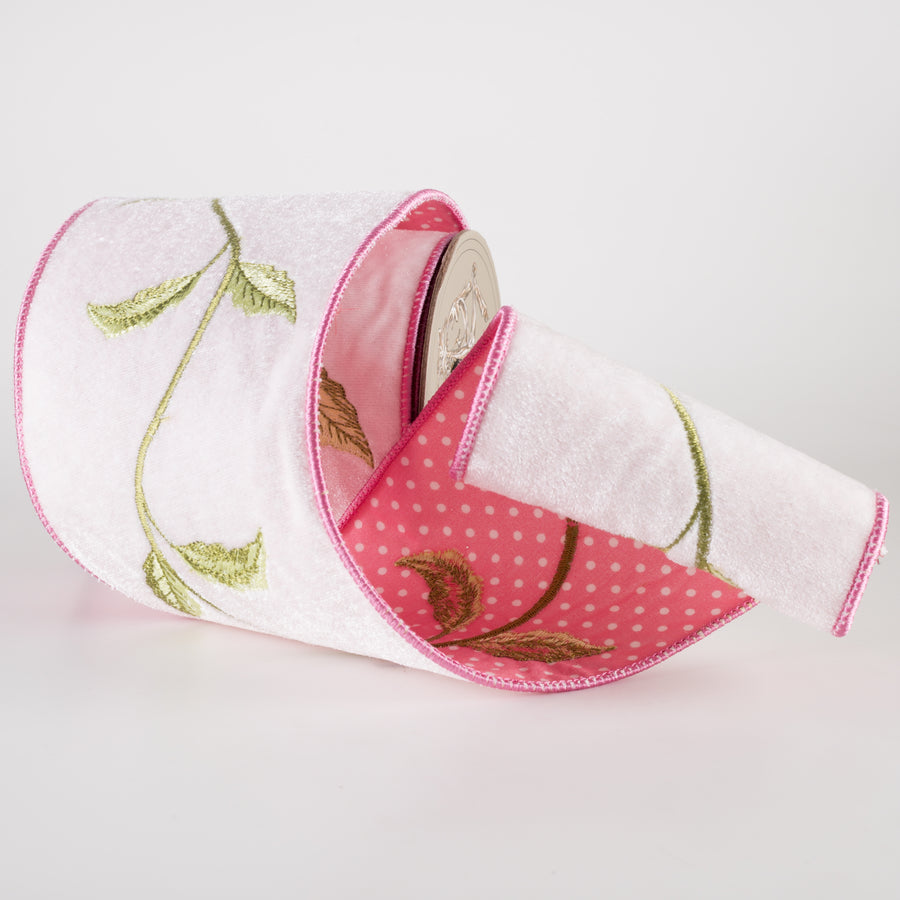 [D Stevens] 4" Embroidered Velvet & Polka Dot Linen Spring Foliage Ribbon (5 Yards) Lifestyle Photo