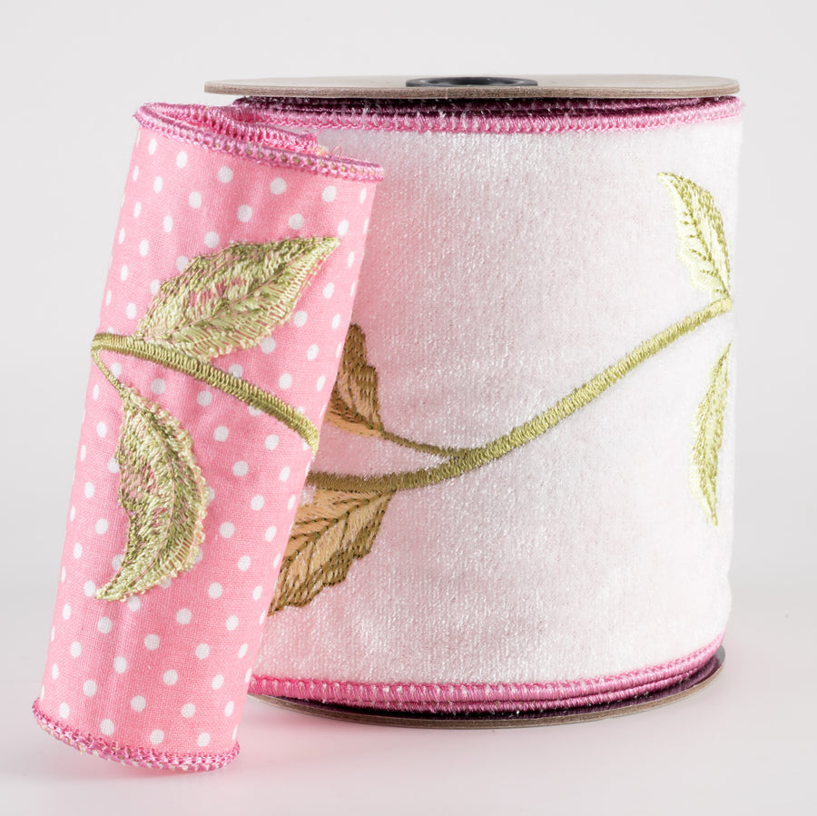 [D Stevens] 4" Embroidered Velvet & Polka Dot Linen Spring Foliage Ribbon (5 Yards) Item Number: 18-4276