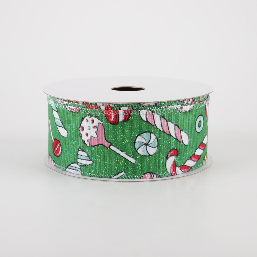 1.5" Emerald Glitter Satin Christmas Treats Ribbon (10 Yards) Item Number: 71107-09-17