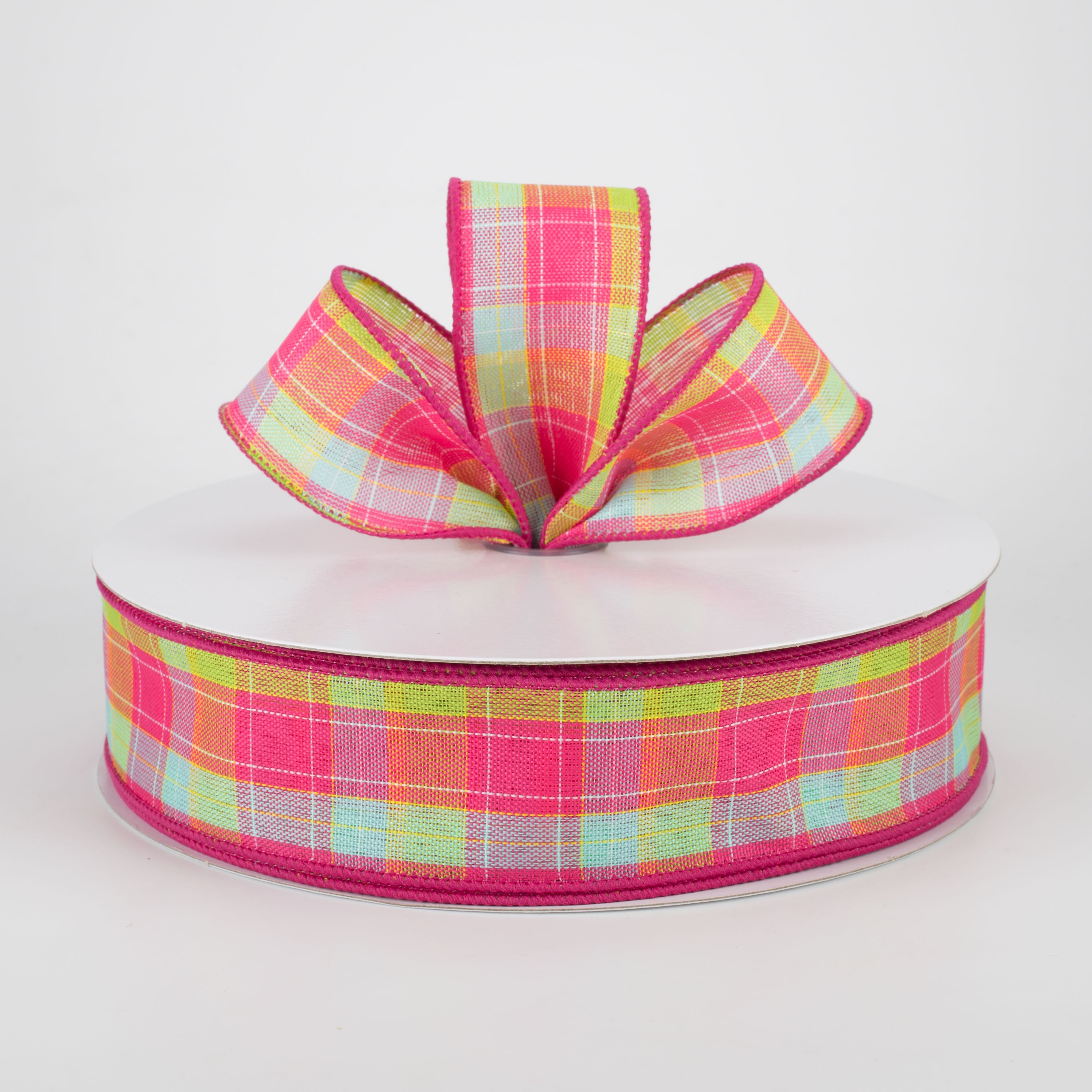 1.5" Emily Plaid Ribbon: Fuchsia, Aqua, Lime, Yellow (50 Yards) Lifestyle Photo