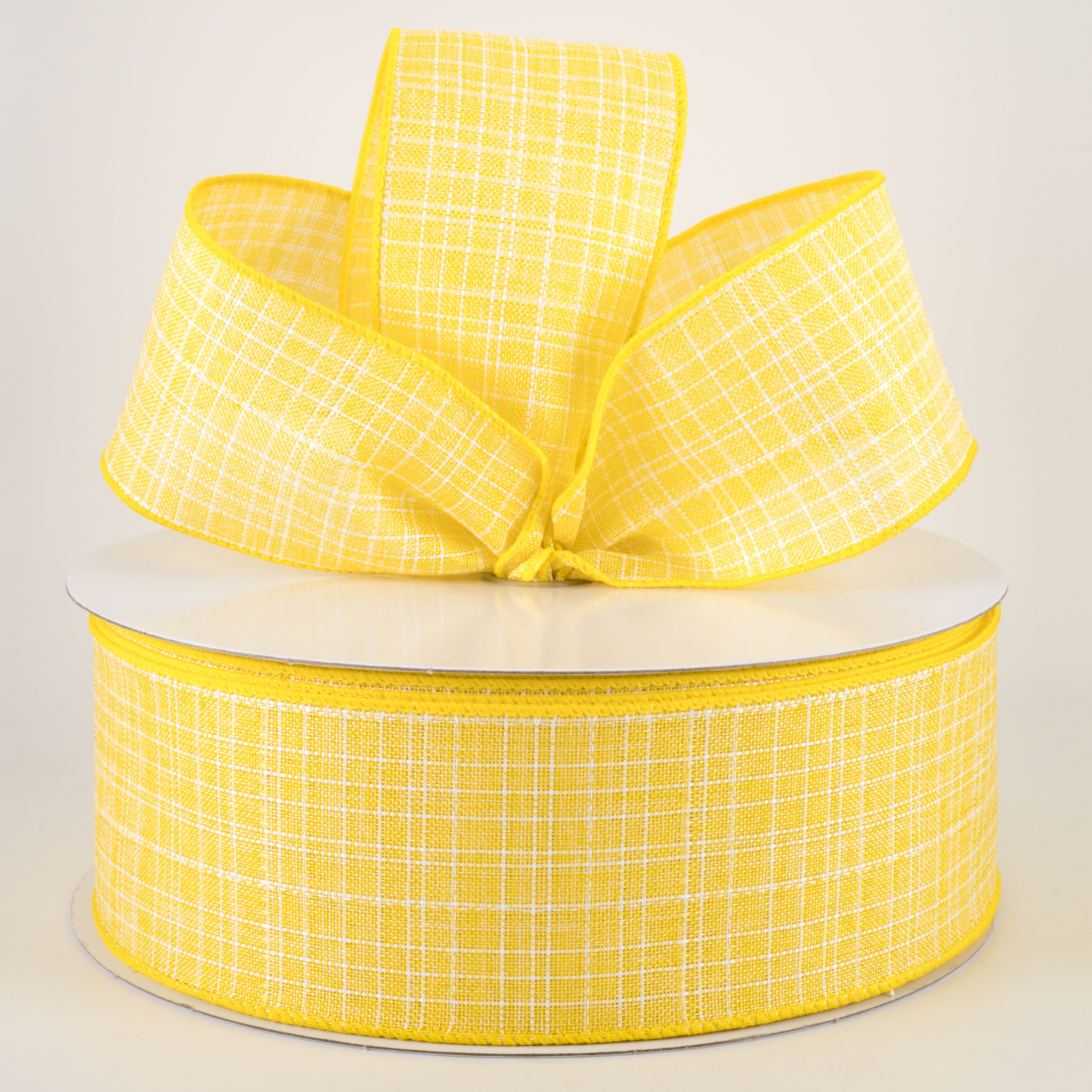 2.5" Estelle Textured Linen Ribbon: Yellow & White (50 Yards) Lifestyle Photo