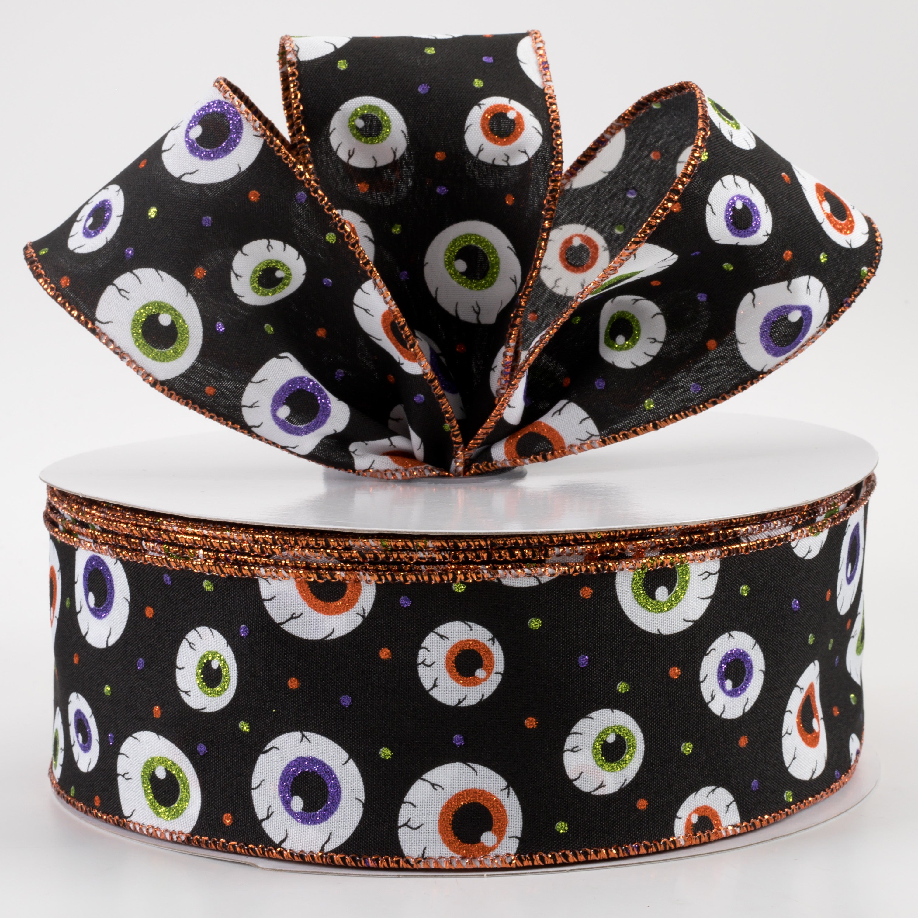 2.5" Eyeballs Ribbon: Black, Purple, Lime, Orange (50 Yards) Lifestyle Photo