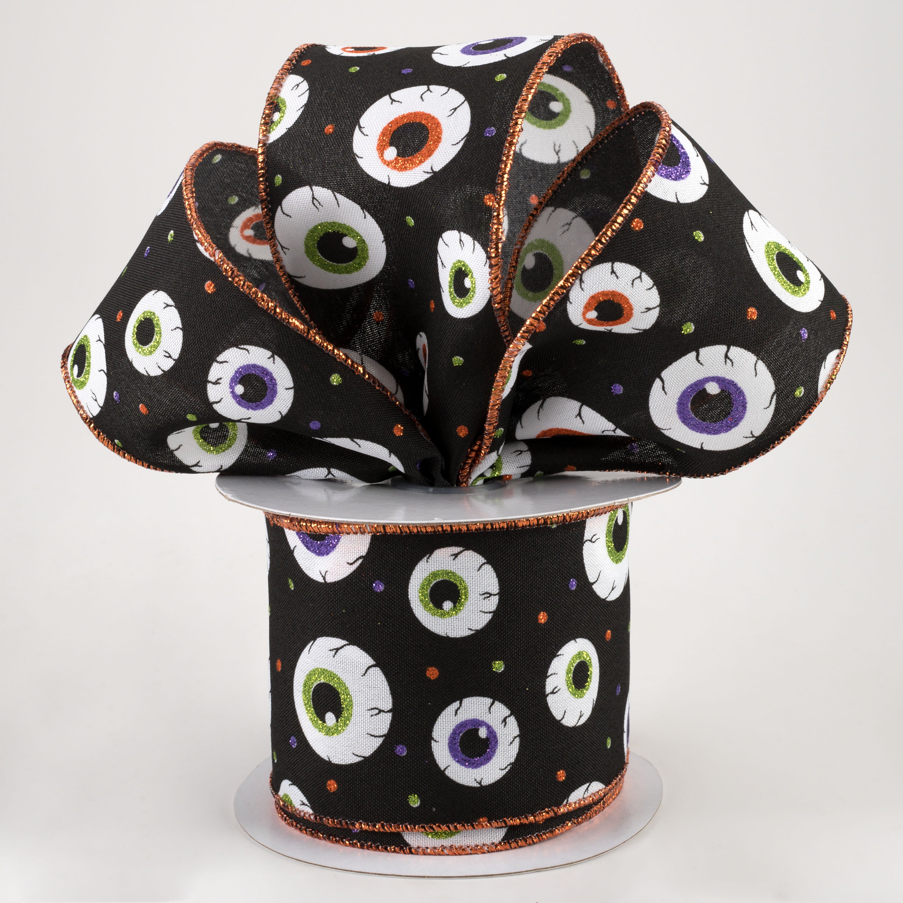 2.5" Eyeballs Ribbon: Black, Purple, Lime, Orange (10 Yards) Lifestyle Photo