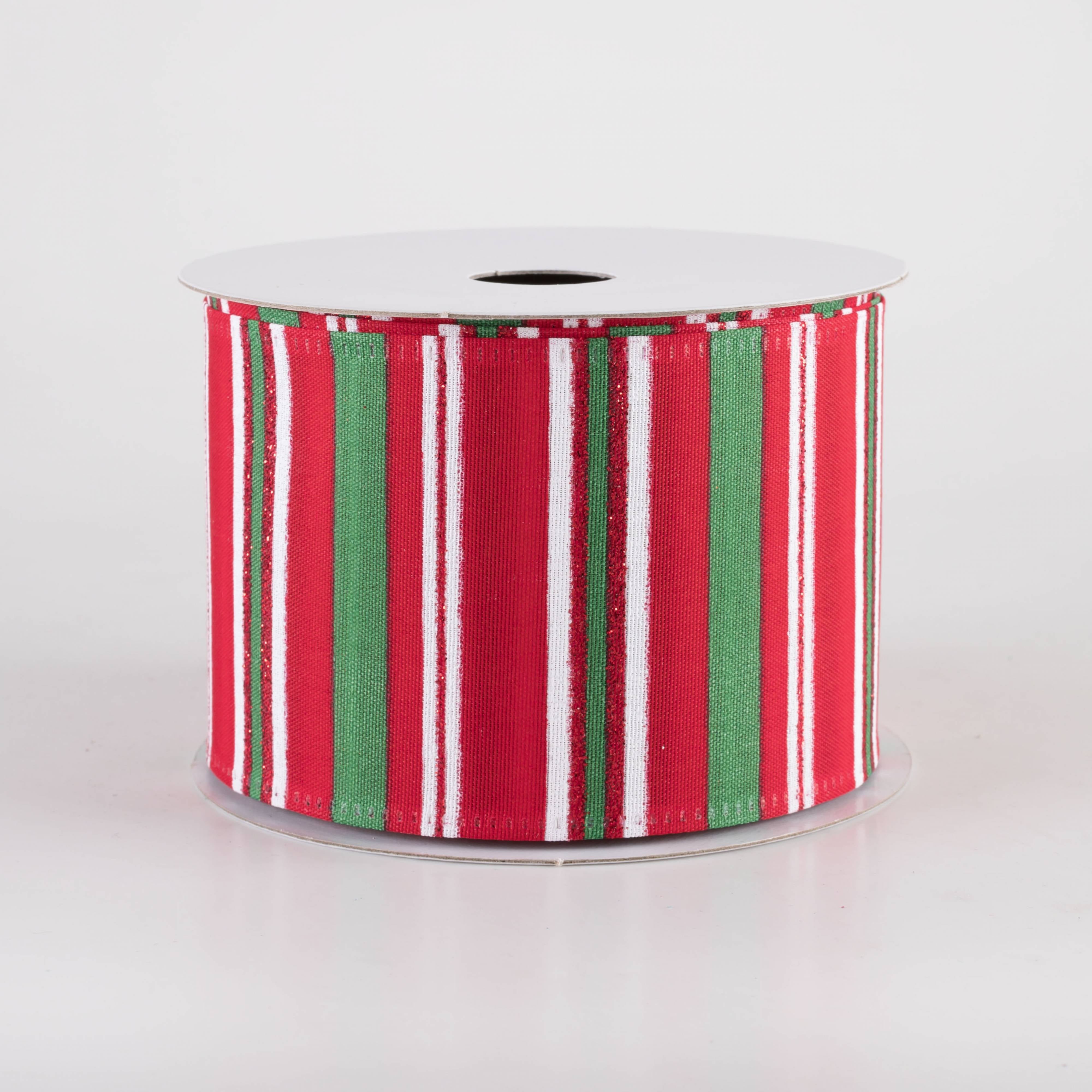 2.5" Glittered Candy Stripes Ribbon: Red, Emerald & White (10 Yards)