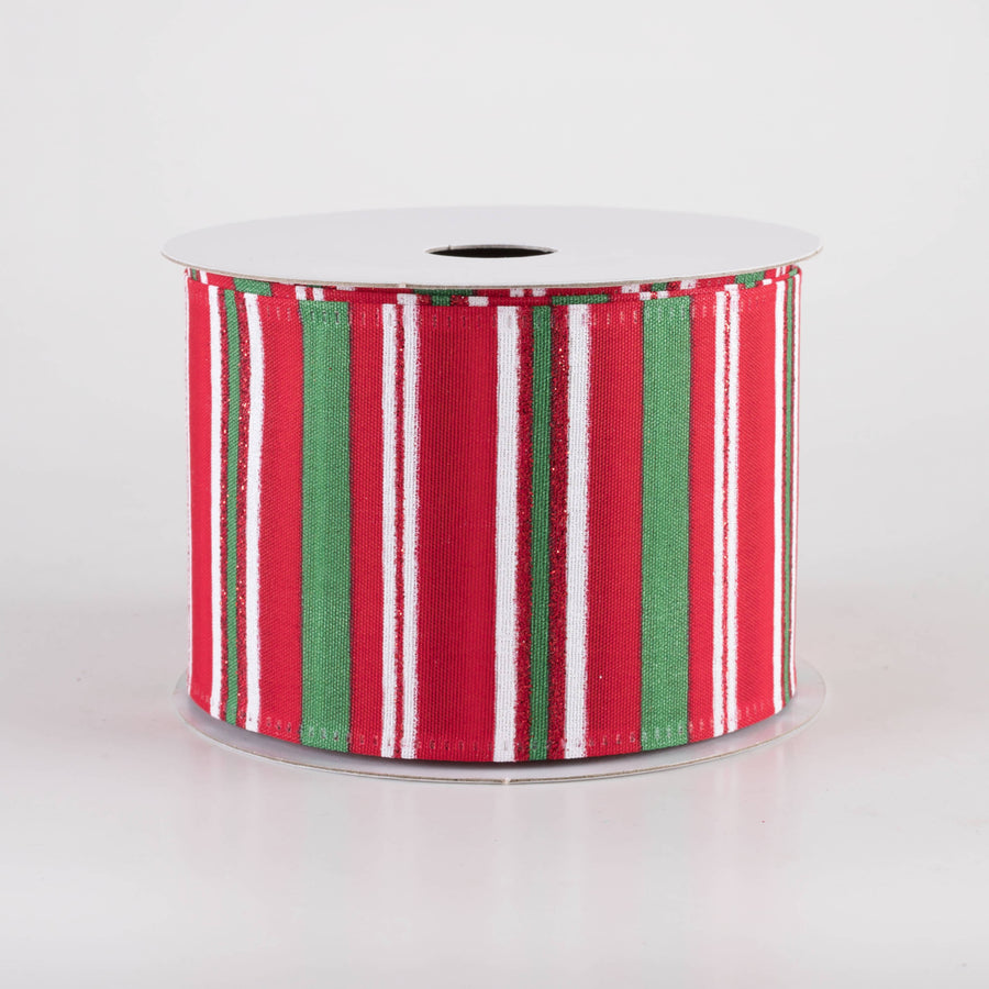 2.5" Glittered Candy Stripes Ribbon: Red, Emerald & White (10 Yards)