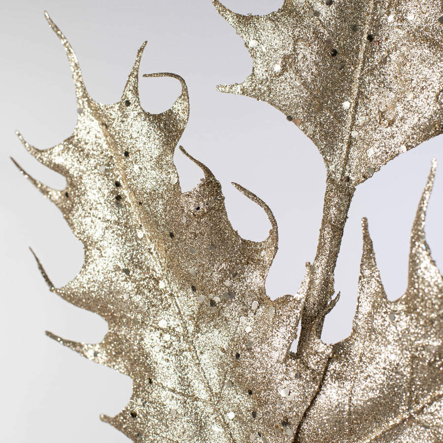 29" Oversized Metallic Holly Leaves Spray: Champagne Gold