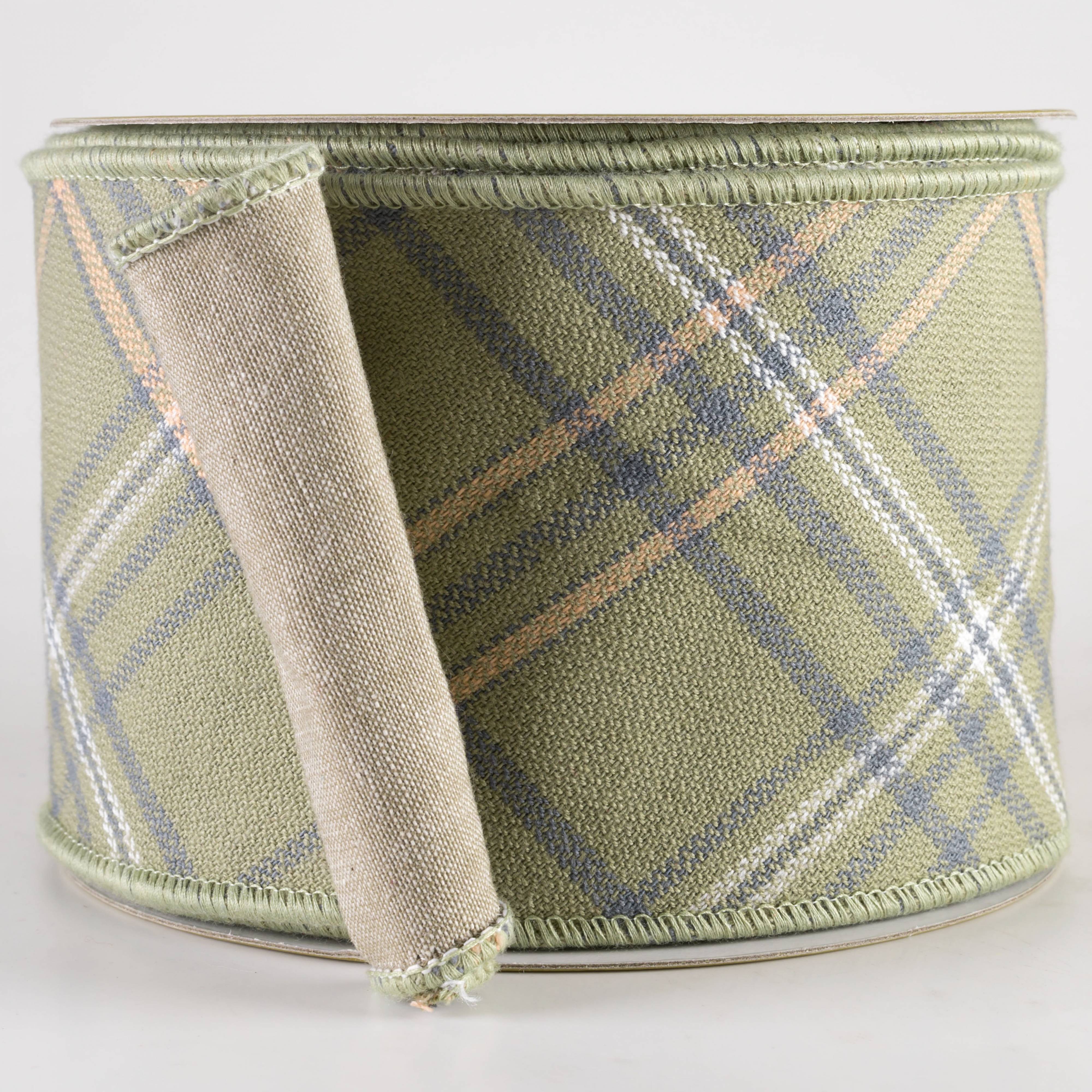 4" Designer Chambray Back Plaid Ribbon: Green & Natural (10 Yards)