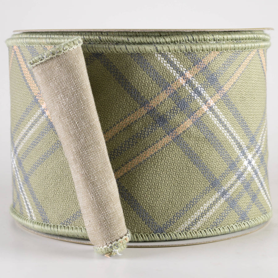4" Designer Chambray Back Plaid Ribbon: Green & Natural (10 Yards)