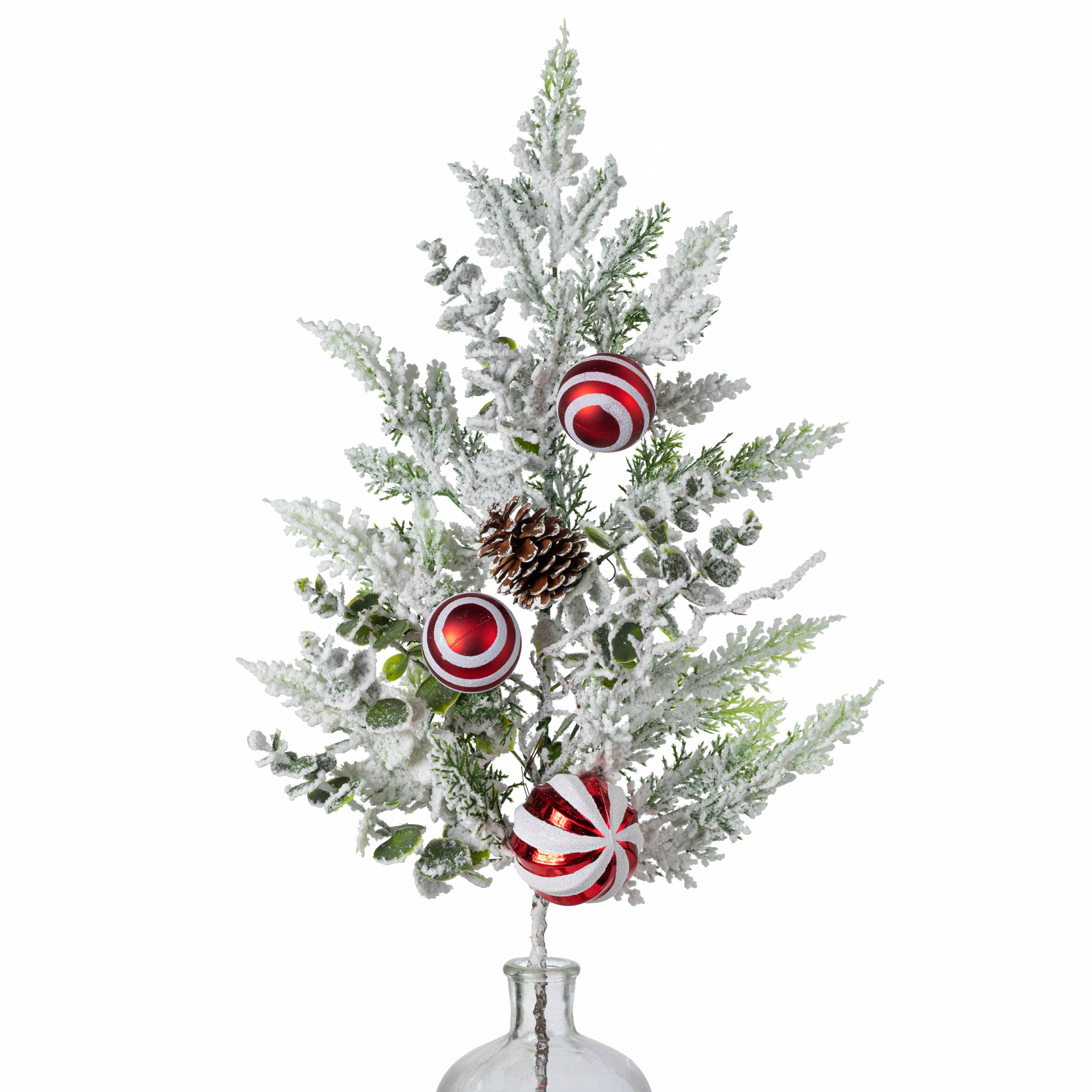 24" Mixed Flocked Cypress, Eucalyptus, Pinecone & Ornaments Spray