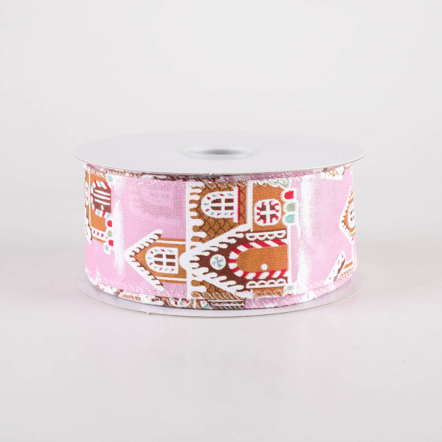 1.5" Gingerbread Mansion House Ribbon: Pink (10 Yards)