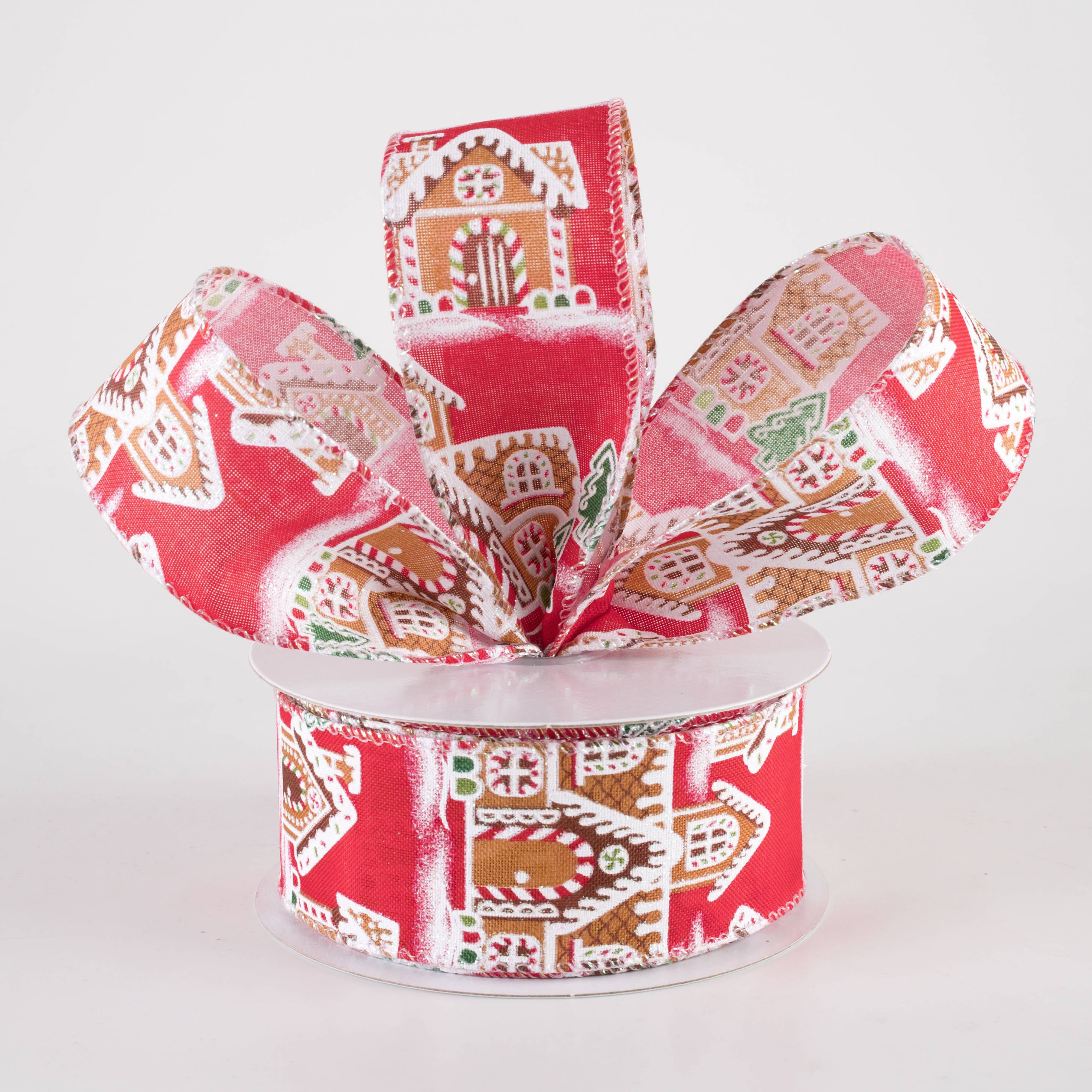 1.5" Gingerbread Mansion House Ribbon: Red (10 Yards)