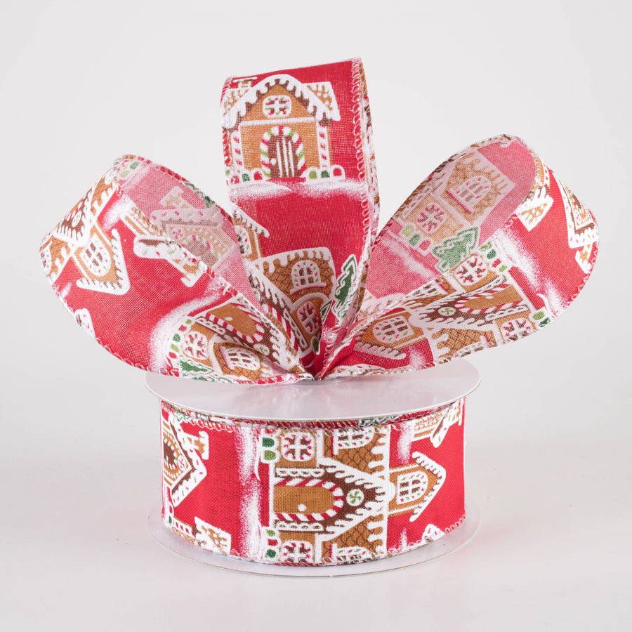 1.5" Gingerbread Mansion House Ribbon: Red (10 Yards)