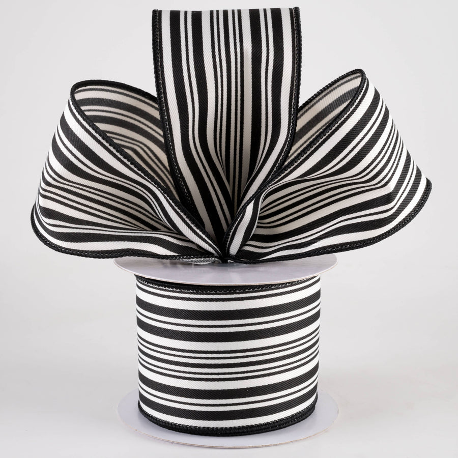 2.5" Linen Varied Vertical Stripes Ribbon: Black & Ivory (10 Yards)