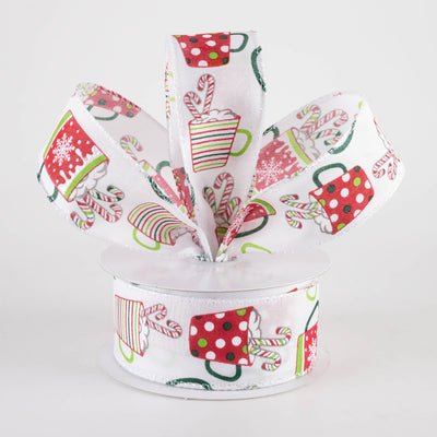 1.5" Hot Chocolate Christmas Cocoa Mugs Ribbon: White (10 Yards)