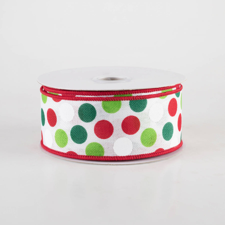 1.5" Multi Dots Ribbon: Christmas Colors on White (10 Yards)