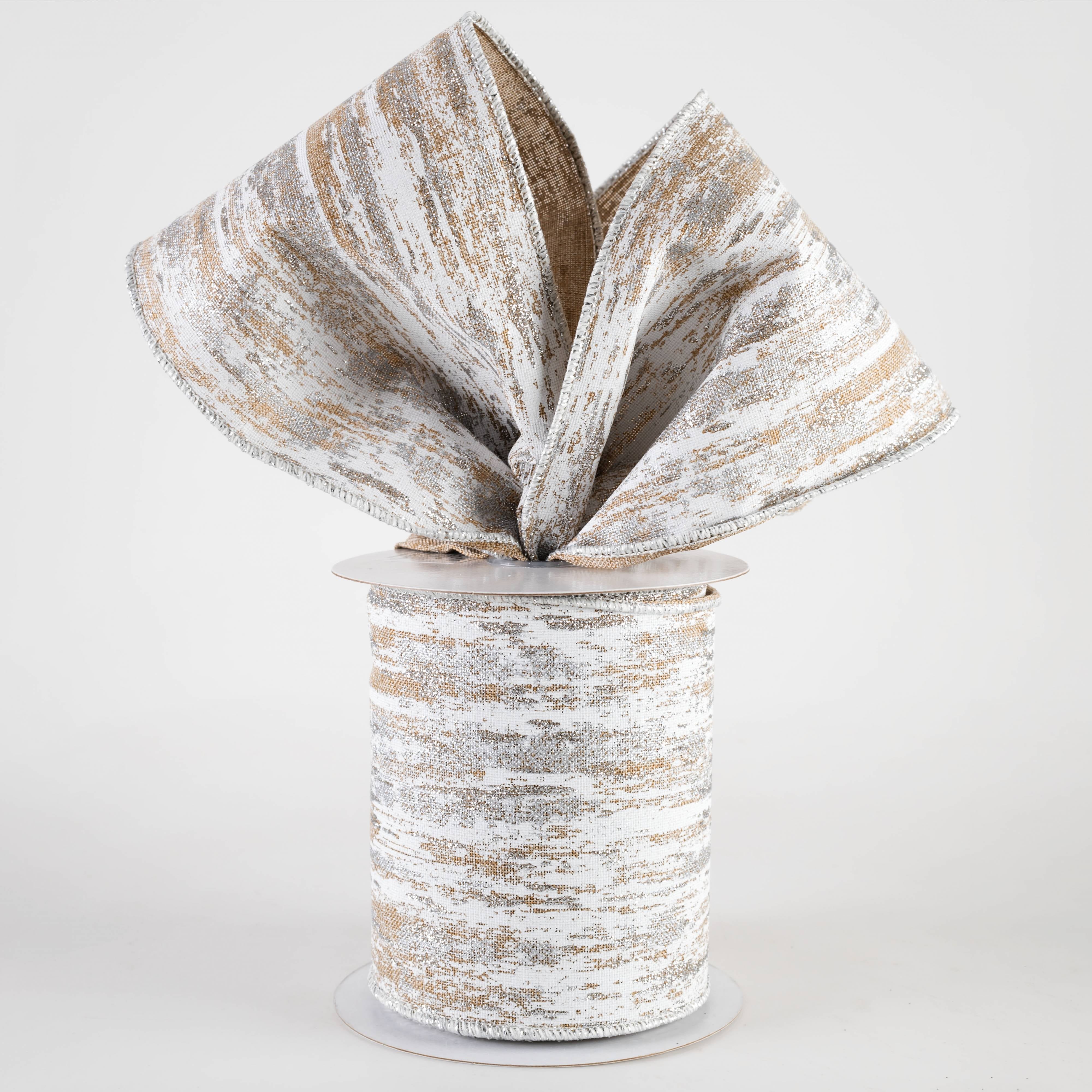 4" Glitter Metallic Paint Streaks Ribbon: Beige, White & Silver (10 Yards)
