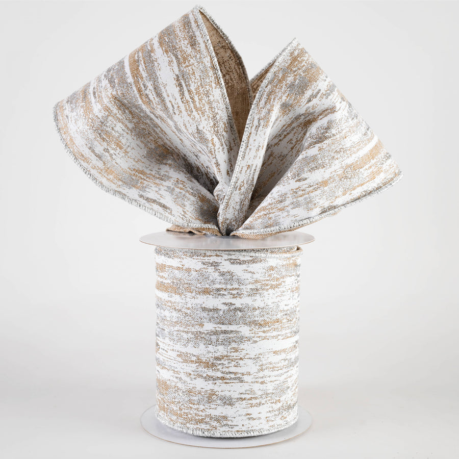 4" Glitter Metallic Paint Streaks Ribbon: Beige, White & Silver (10 Yards)
