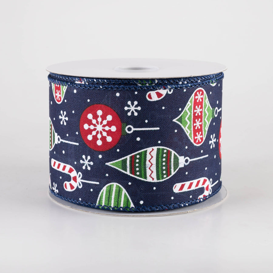 2.5" Hanging Christmas Ornaments Ribbon: Red & Green on Navy (10 Yards)