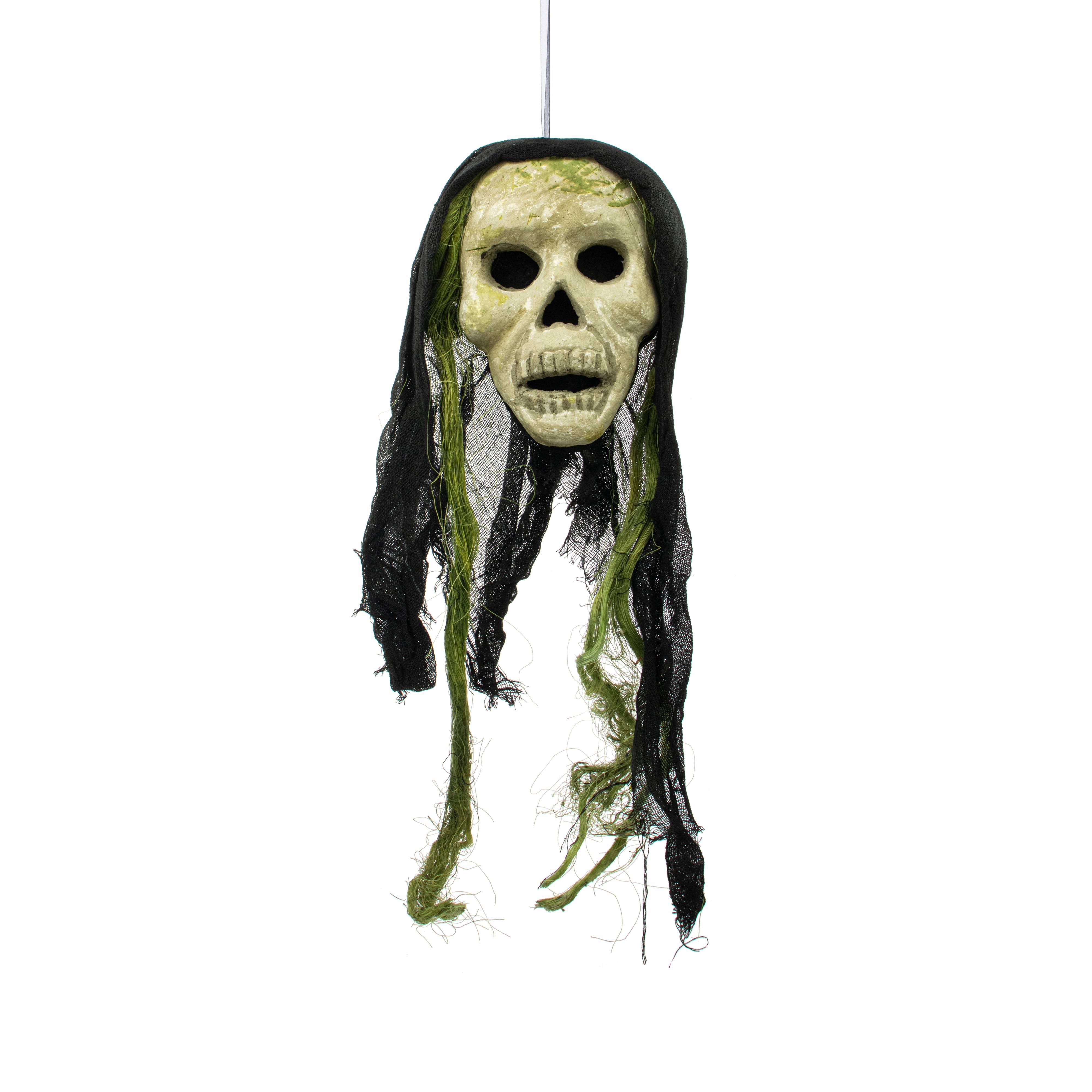 20" x 6" Styrofoam & Burlap Witch Skull: Green & Black