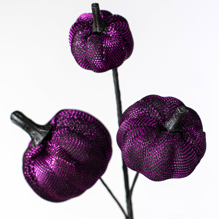 13" Metallic Fabric Pumpkins Pick: Purple & Black