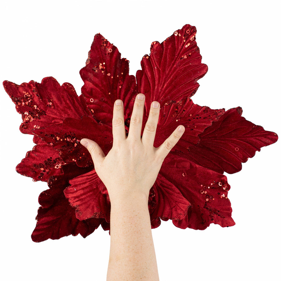 19" x 25" Jumbo Deluxe Velvet Poinsettia Stem: Cranberry Red