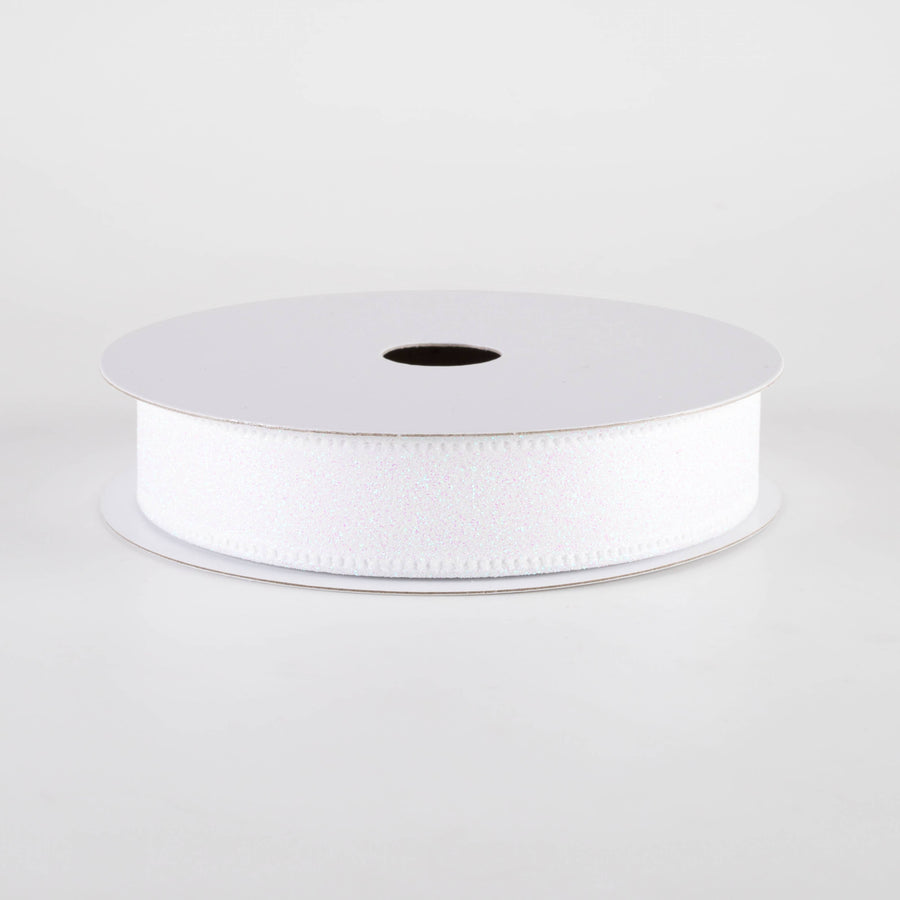 7/8" All Flat Glitter Wired Ribbon: Iridescent White (10 Yards)