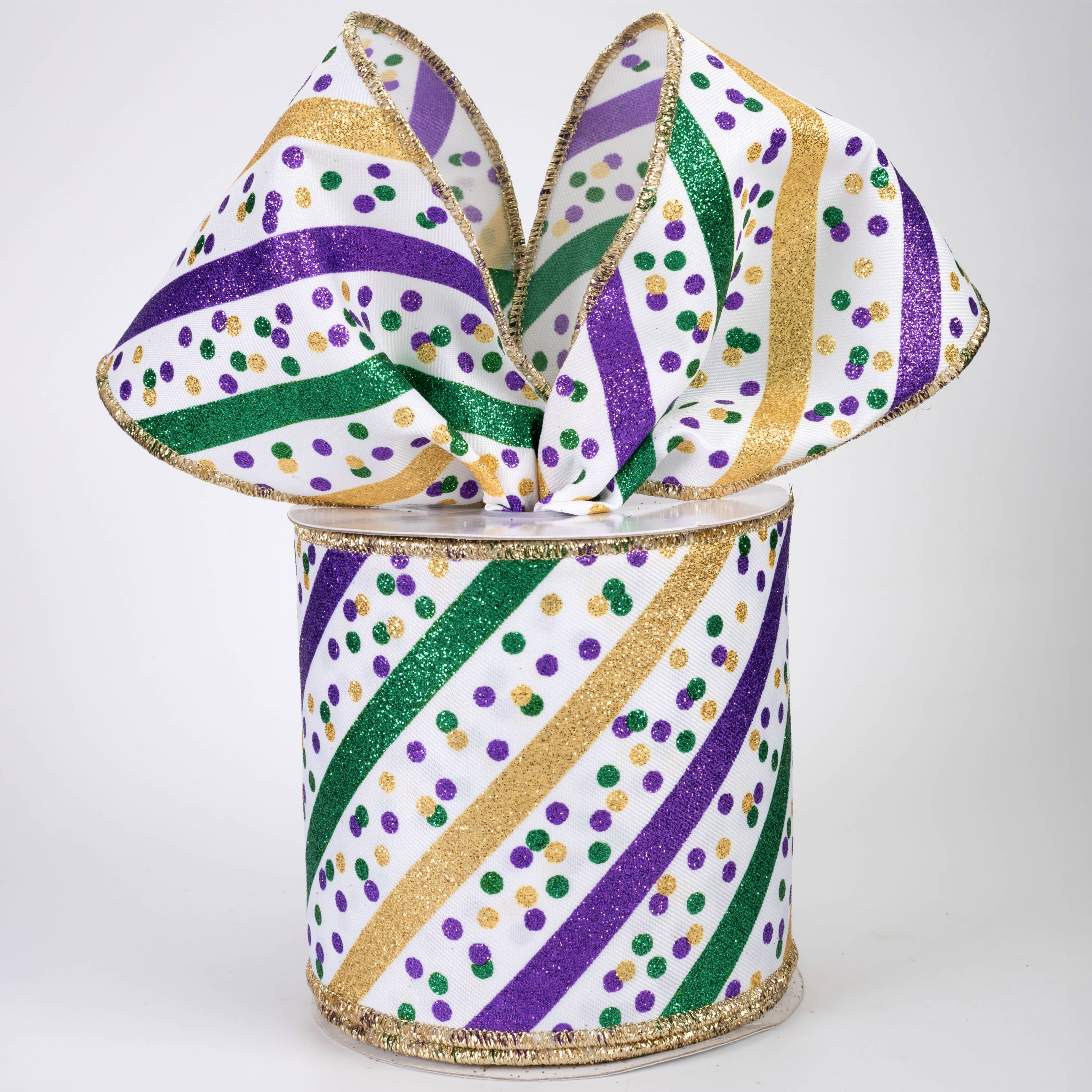 4" Diagonal Glitter Stripes & Confetti Dots Ribbon: Mardi Gras (10 Yards)